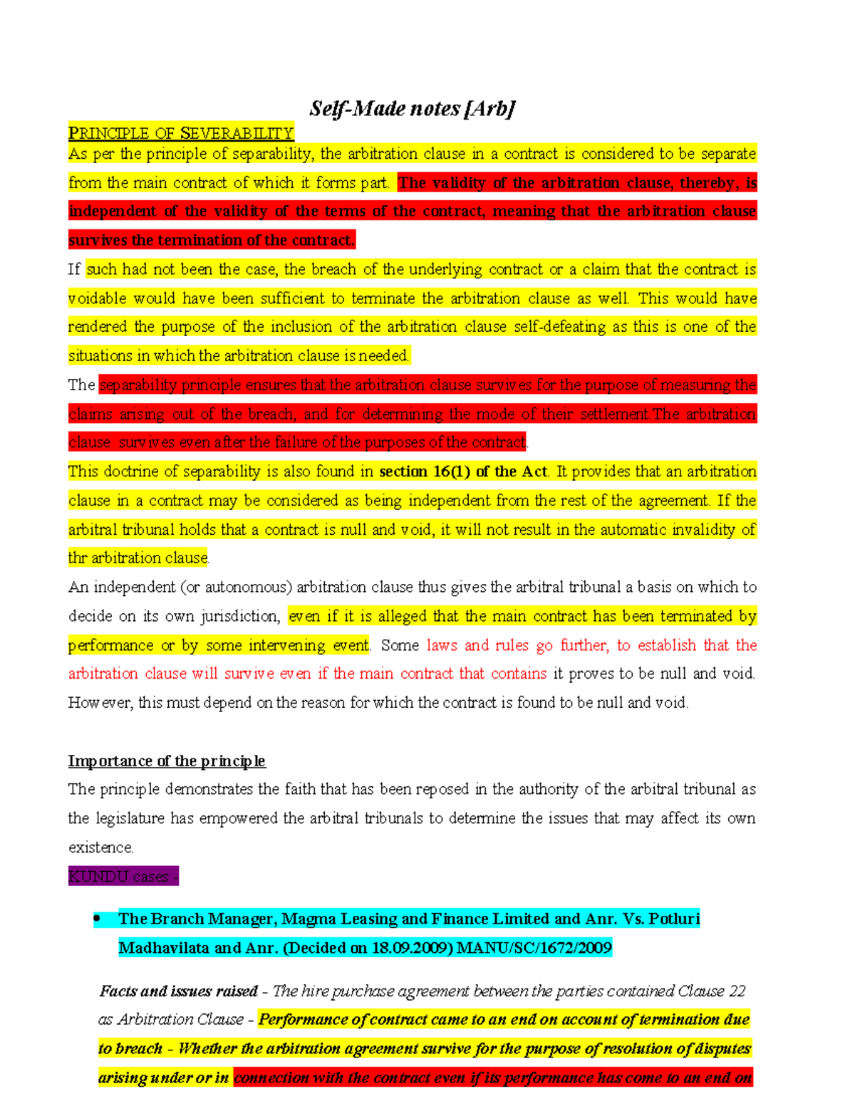 Adr notes corridor - Self-Made notes [Arb] PRINCIPLE OF SEVERABILITY As ...