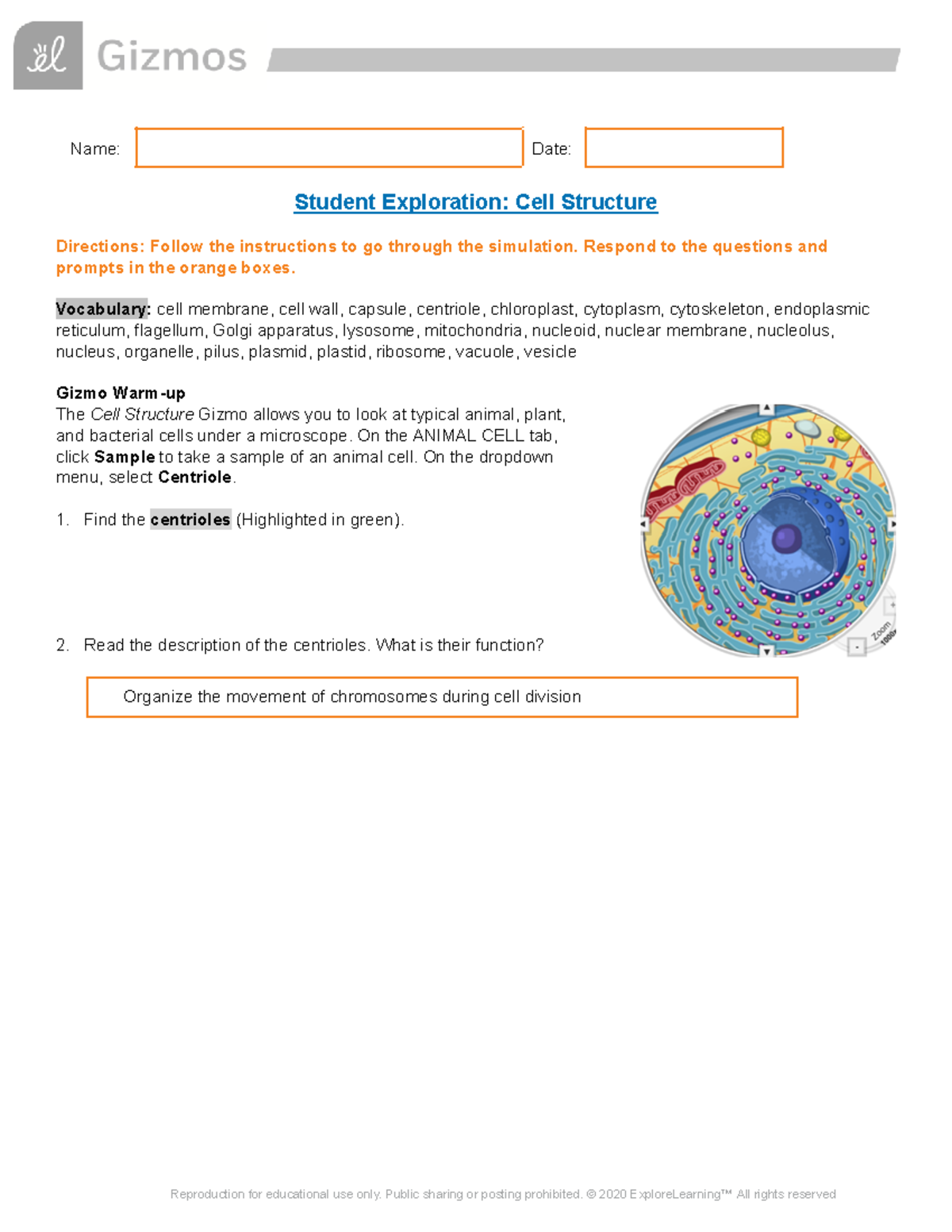 Cell Structures Gizmo Updatedlo - Name: Date: Student Exploration: Cell ...