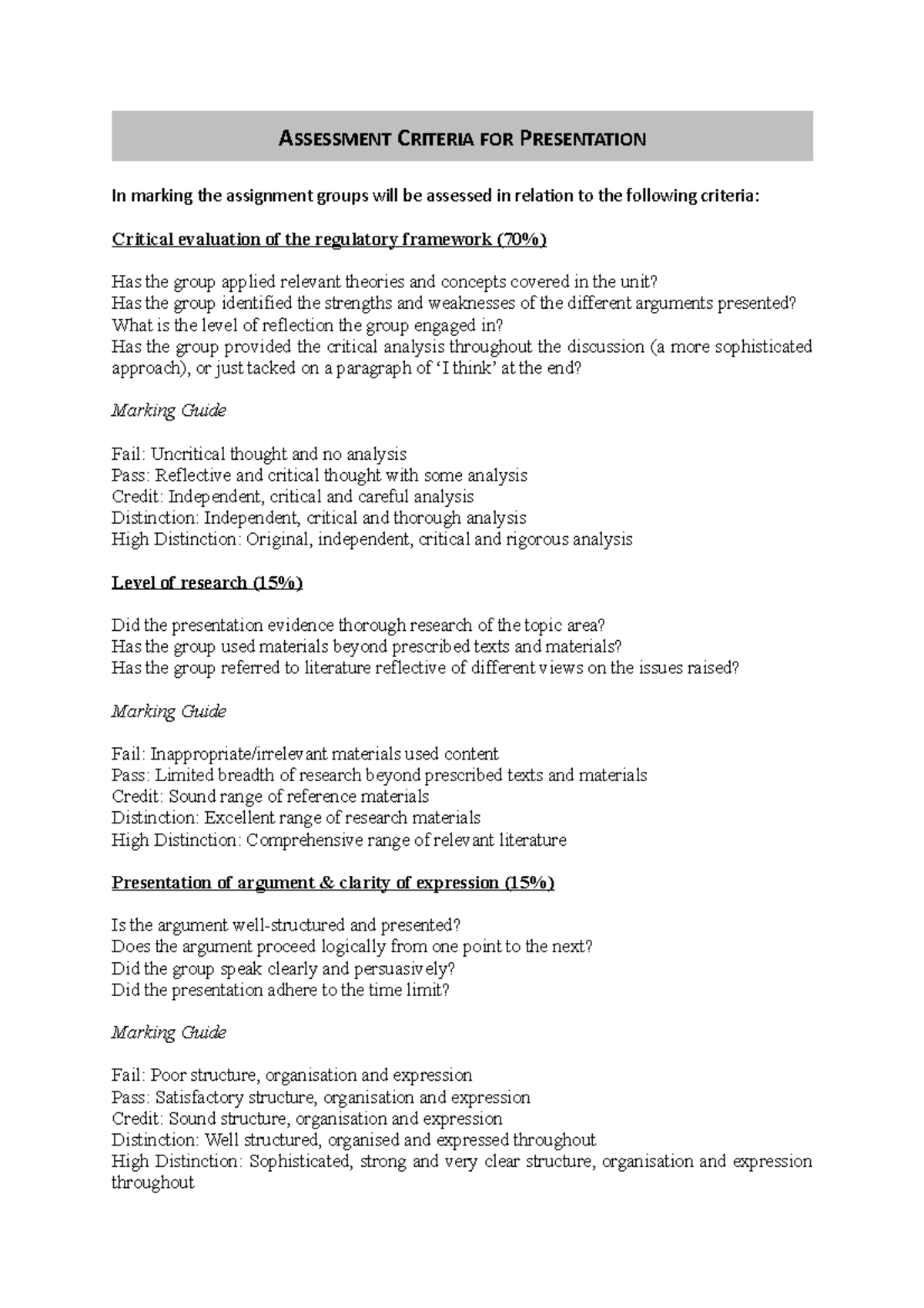 presentation criteria assessment