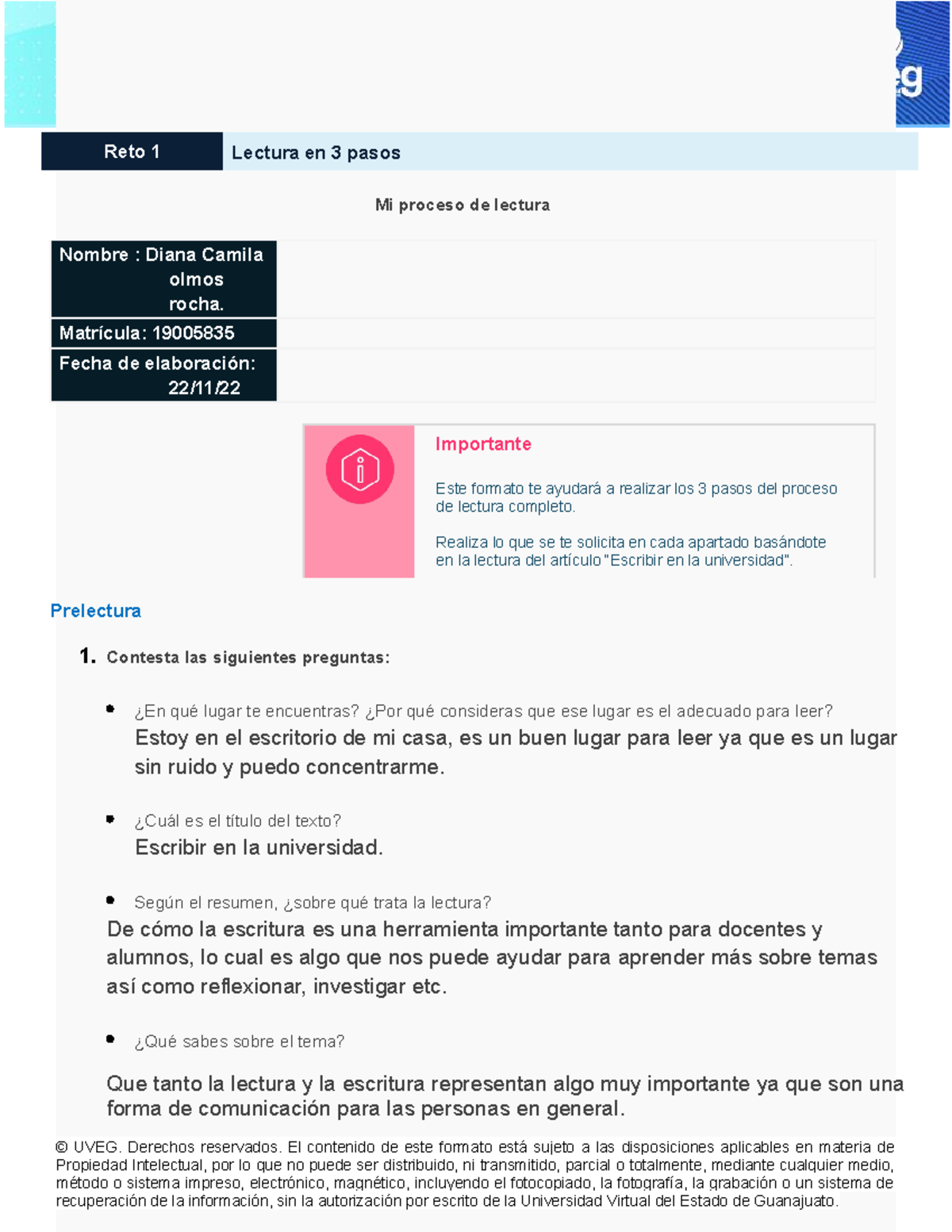 Tarea - Ayuda. - Reto 1 Lectura en 3 pasos Mi proceso de lectura Nombre ...