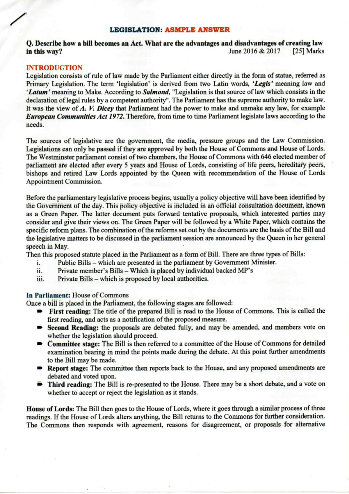 Legislation Model answer - LEGISLATION: ASMPLE ANSWER Q. Describe how a ...