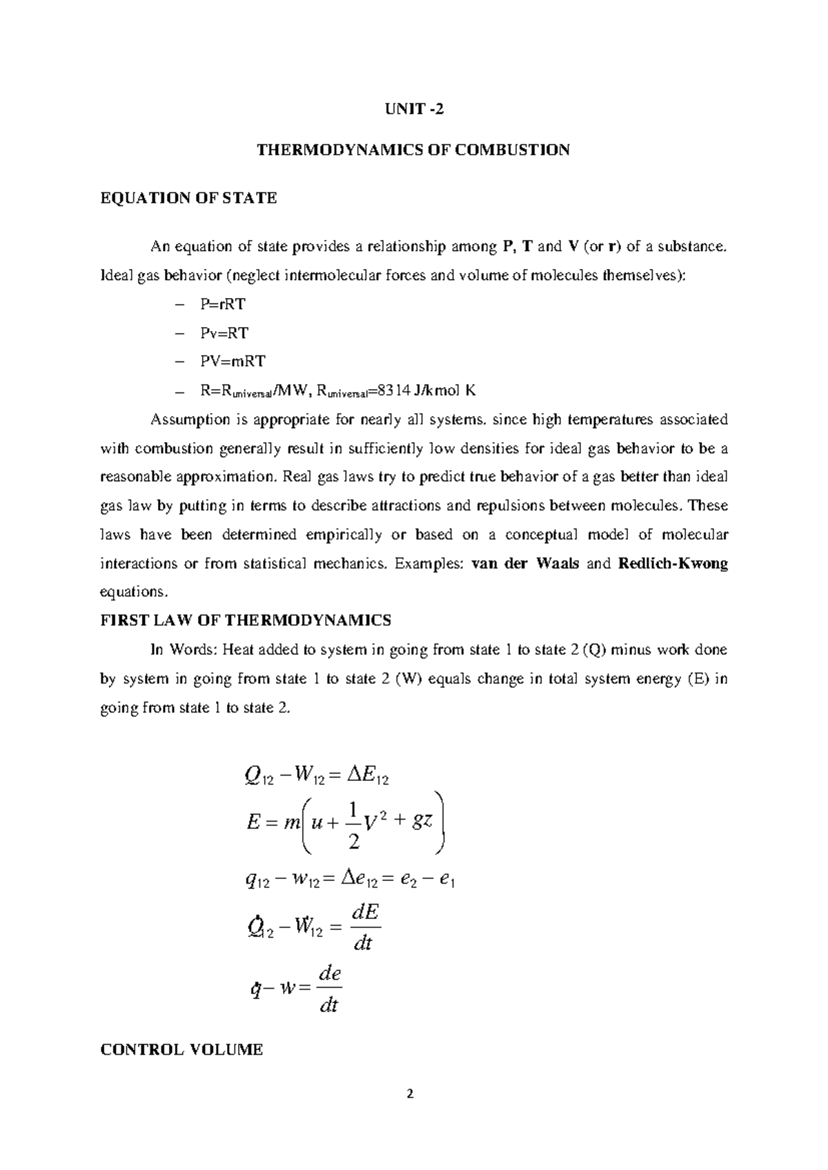 Thermodynamics OF Combustion notes - dE UNIT - THERMODYNAMICS OF ...