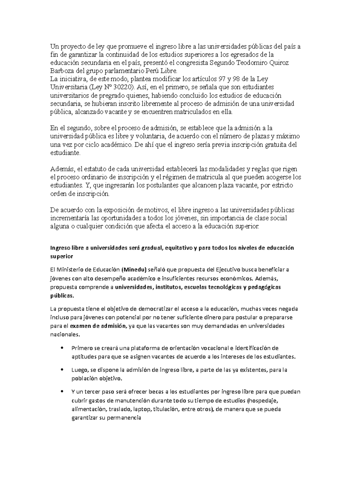 Argumentos Ingreso Libre Un proyecto de ley que promueve el ingreso