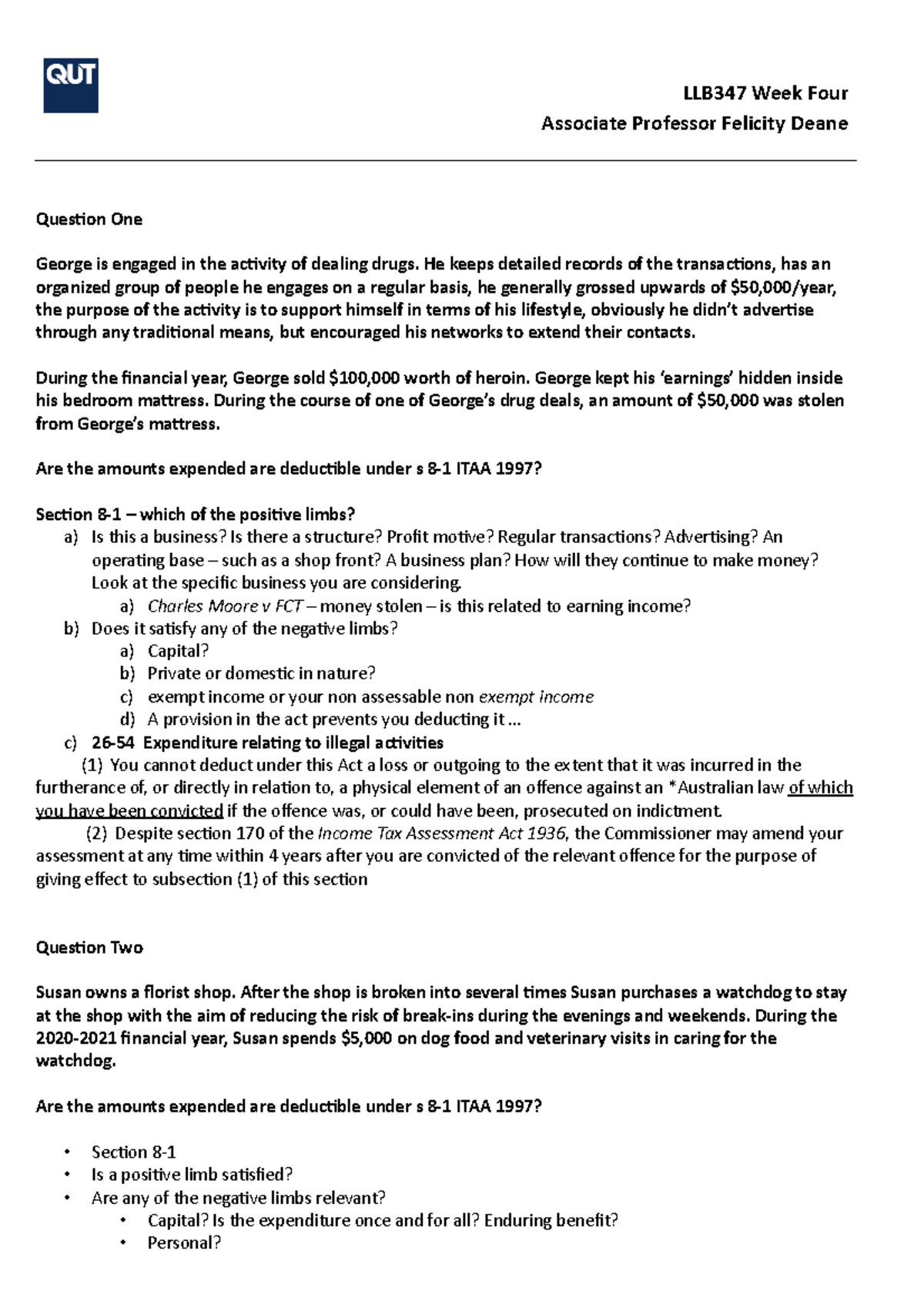 Week 4 2022 - Tax Law Tutorial Notes - Week 4 - LLB347 Week Four ...