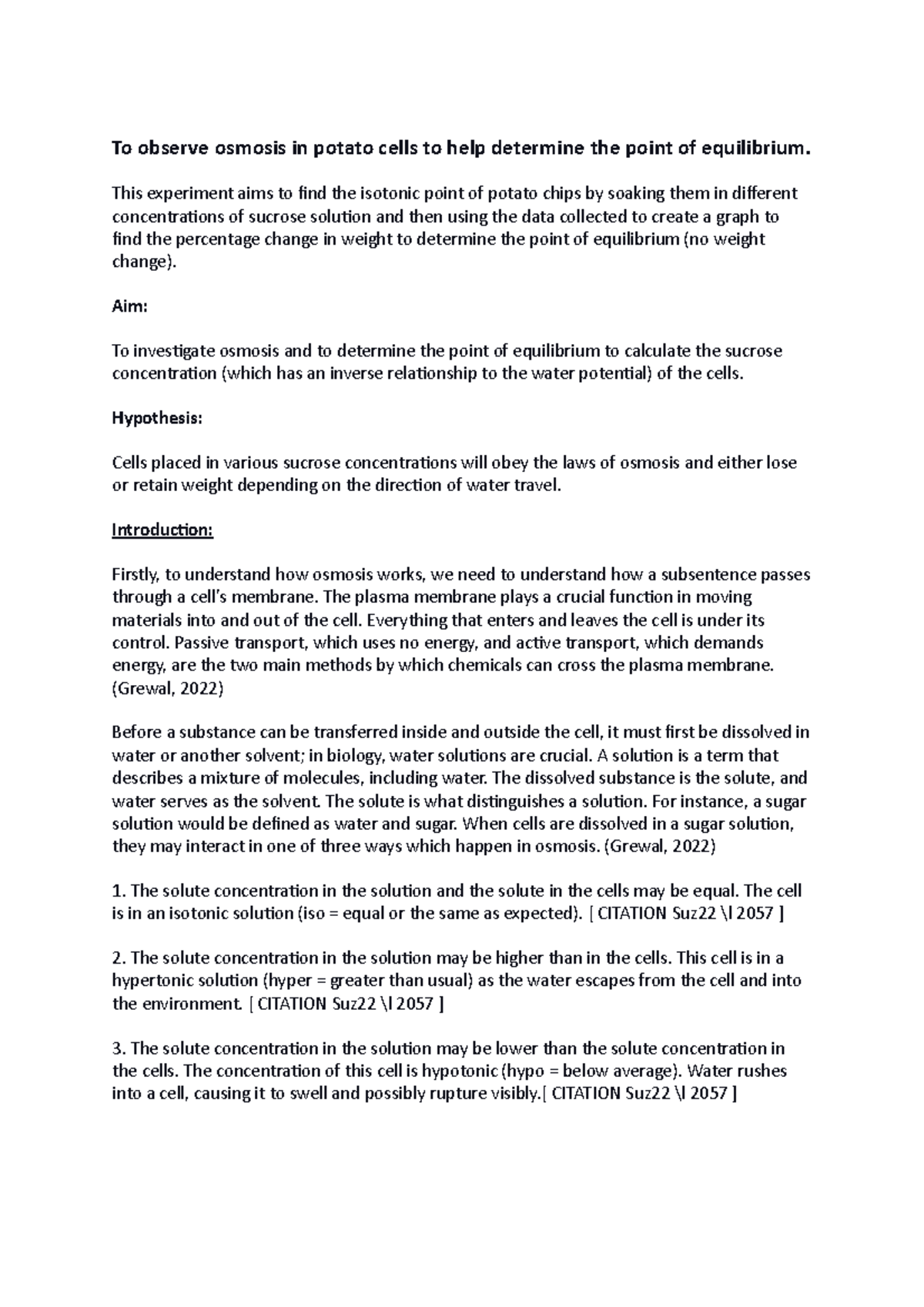 Osmosis in potato cells to help determine the point of equilibrium