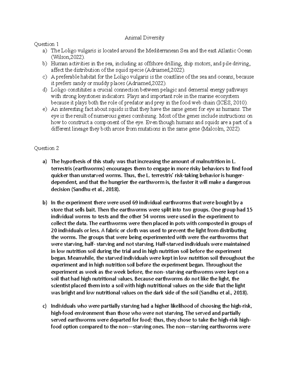 Lab 9 - part one of animal diversity - Animal Diversity Question 1 a ...