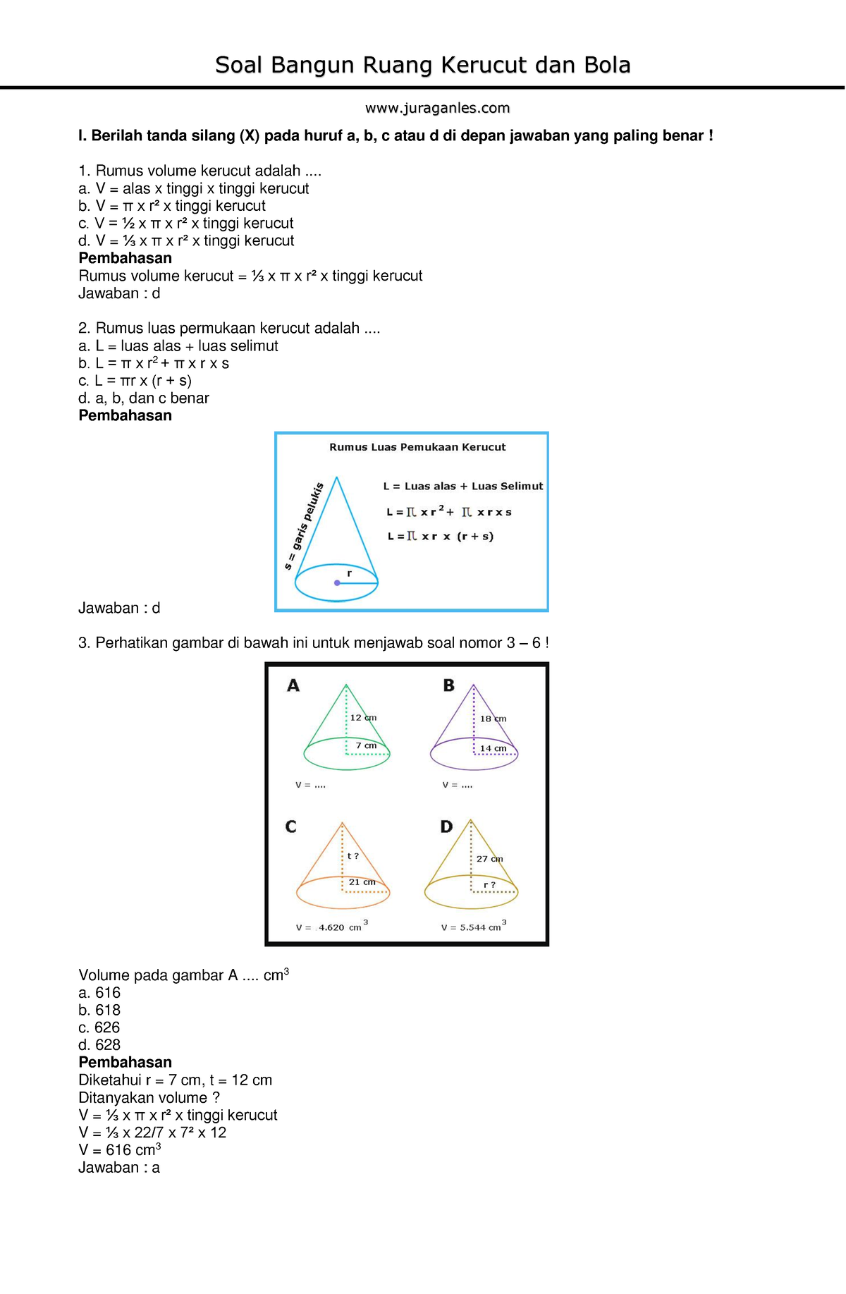 Soal Bangun Ruang Kerucut Dan Bola Plus Kunci Jawaban - I. Berilah ...