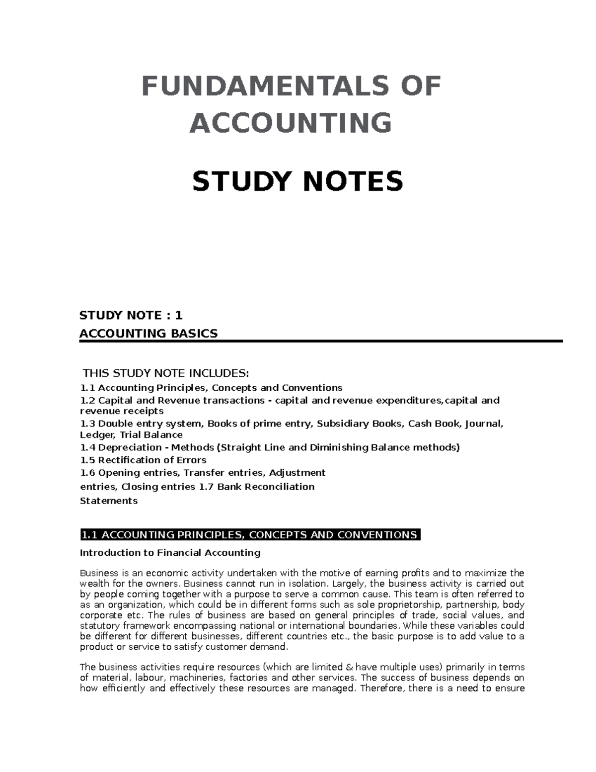 Lecture note #1 - FUNDAMENTALS OF ACCOUNTING STUDY NOTES STUDY NOTE : 1 ...