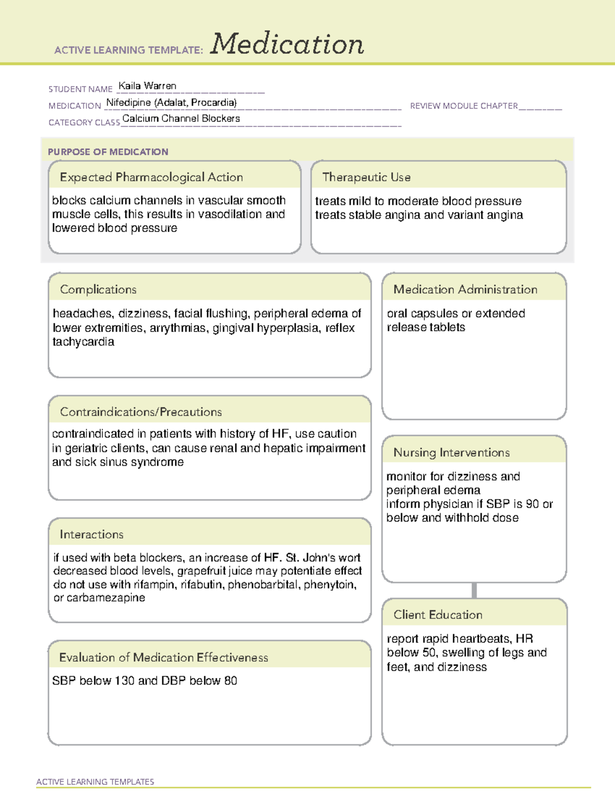 Nifedipine drug card - drug card for OB - ACTIVE LEARNING TEMPLATES ...