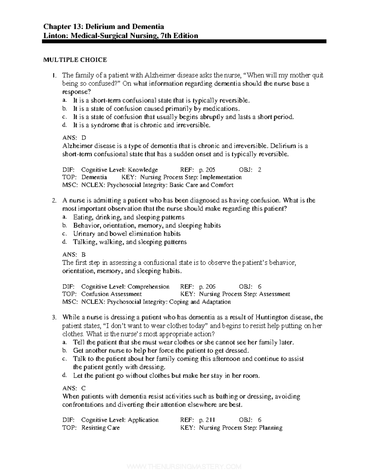 Chapter 13 Test Bank - Chapter 13: Delirium And Dementia Linton ...