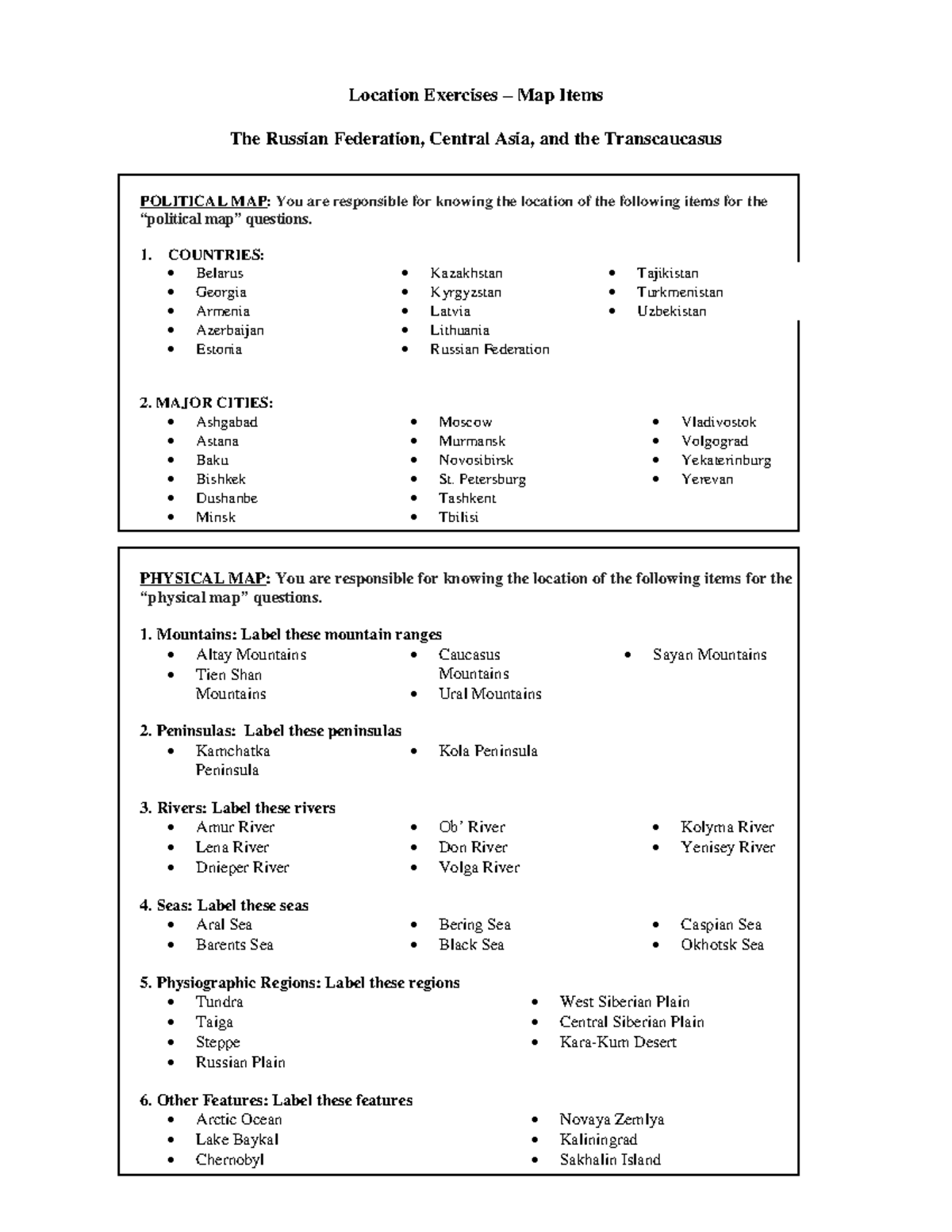 Russia Location Exercises Study Guide - Location Exercises – Map Items ...