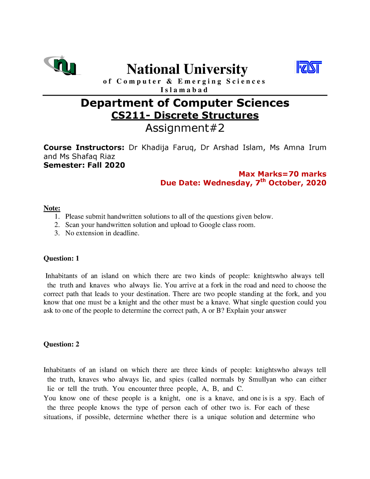 Discrete Mathematics Assignment 2 - National University O F C O M P U T ...