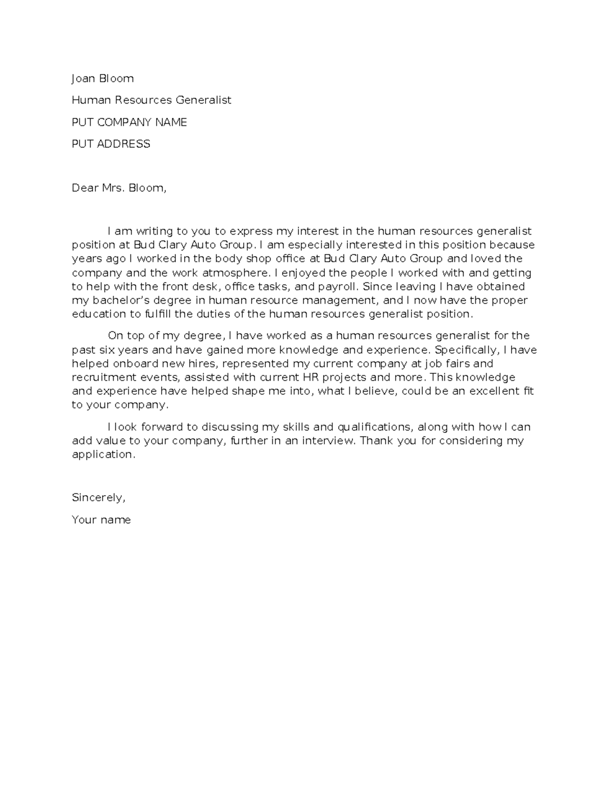 C716 Task 2 - Cover Letter - Joan Bloom Human Resources Generalist PUT ...