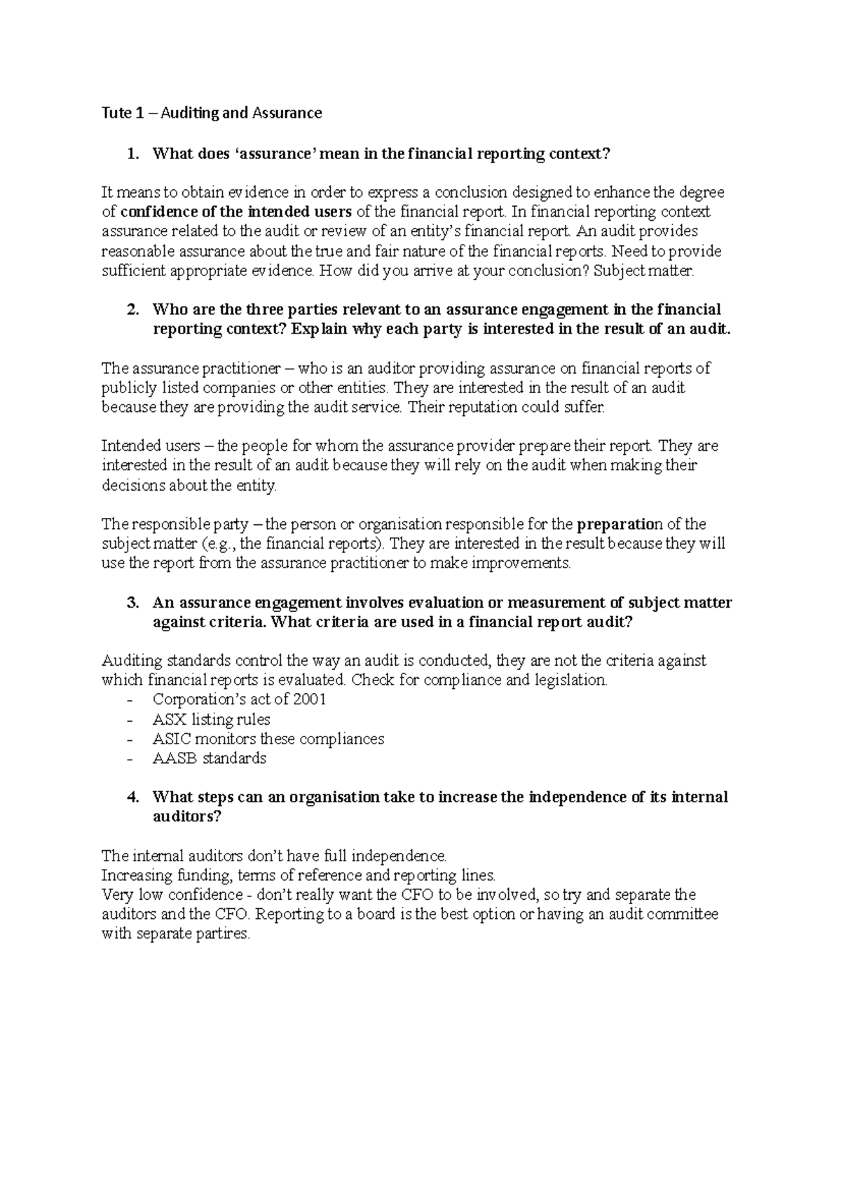 Tute 1 Week 1 Tutorial Tute 1 Auditing And Assurance 1 What Does