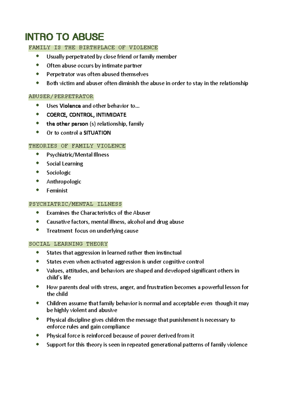 Intro to abuse unit 5 notes - FAMILY IS THE BIRTHPLACE OF VIOLENCE ...