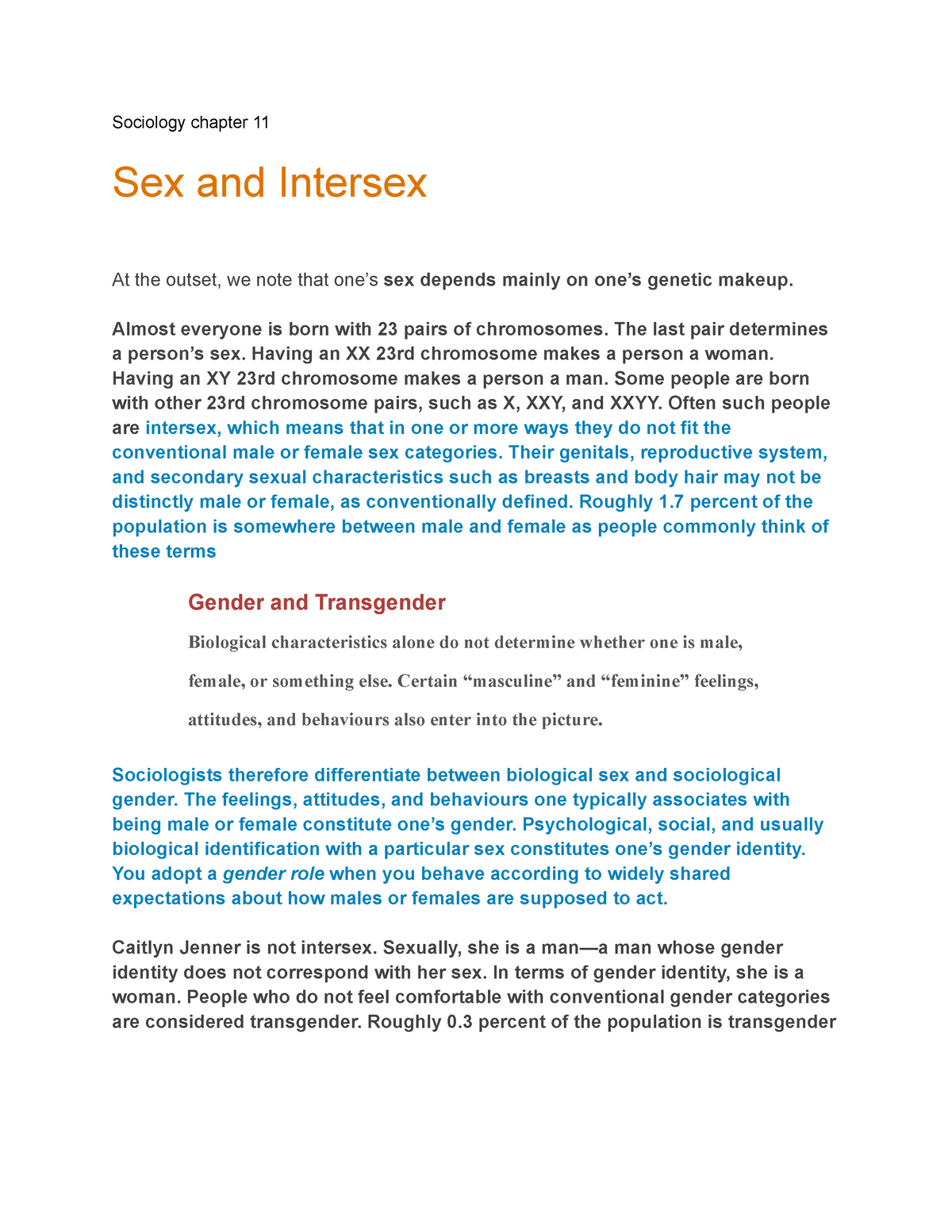 Sociology Chapter 11 Lecture Sociology Chapter 11 Sex And Intersex At The Outset We Note