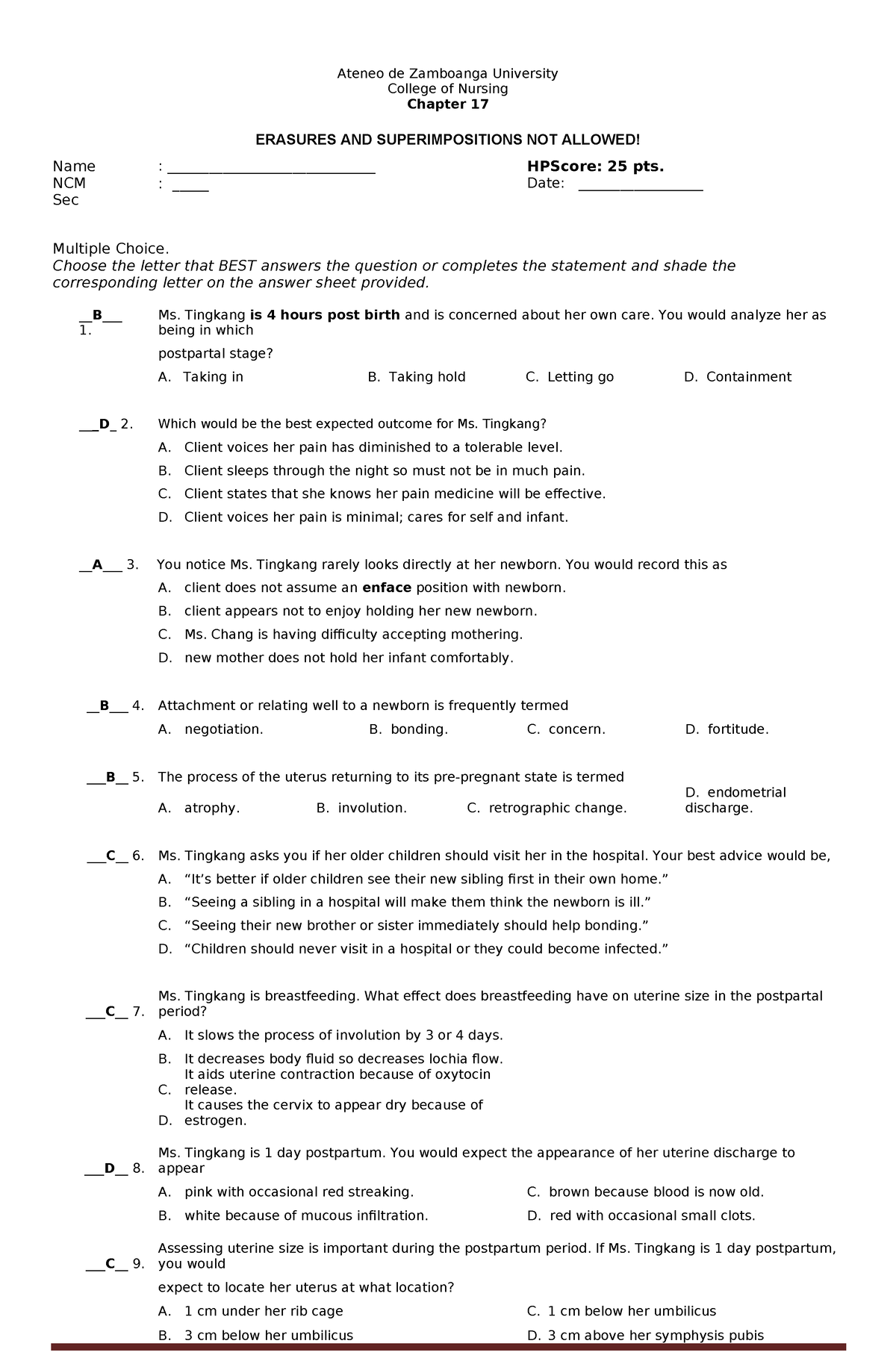 498742108 Chapter 17 Puerperium Quiz - Ateneo de Zamboanga University ...