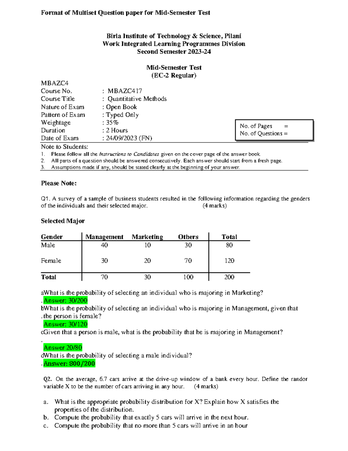 Question Paper and Answer Key MBAZC417 Regular - Format of Multiset ...