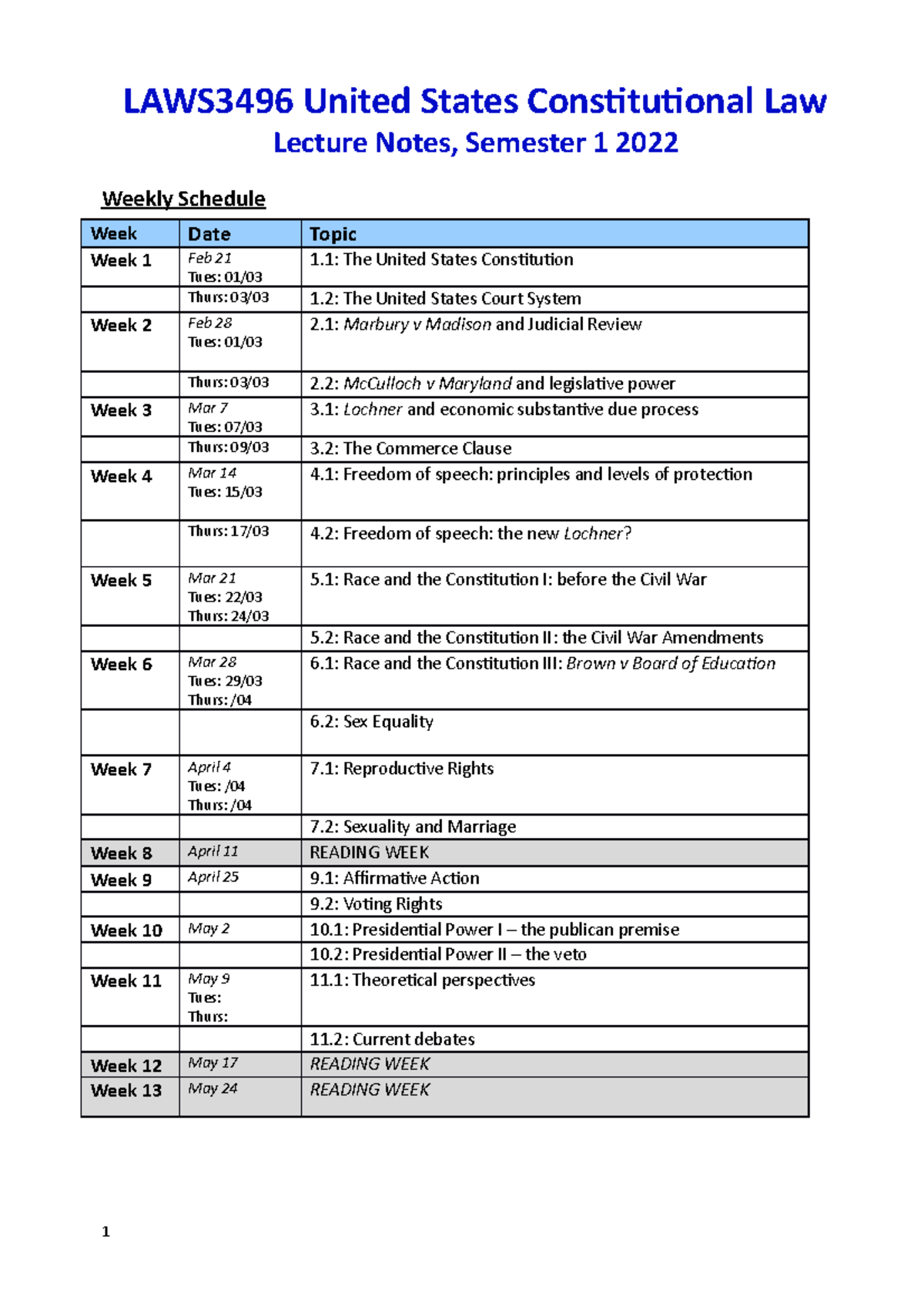 United States Constitutional Law Lecture Notes Studocu
