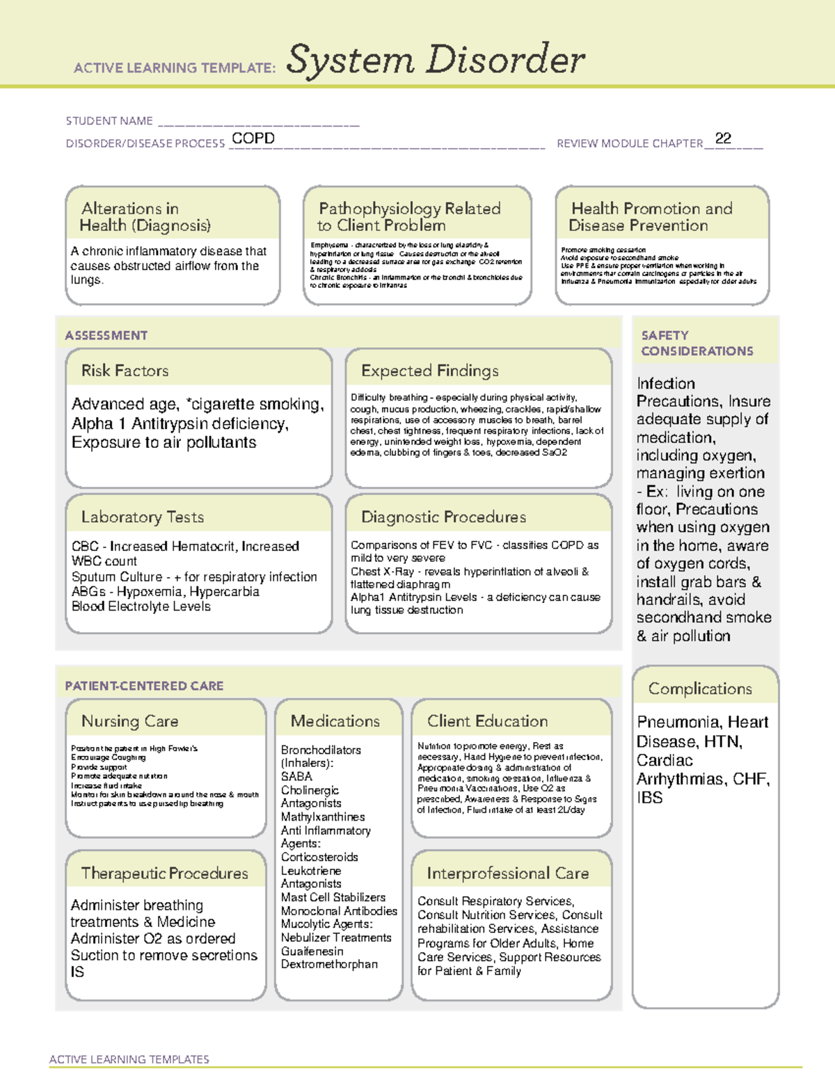 Copd Template - Active Learning Templates System Disorder Student Name 