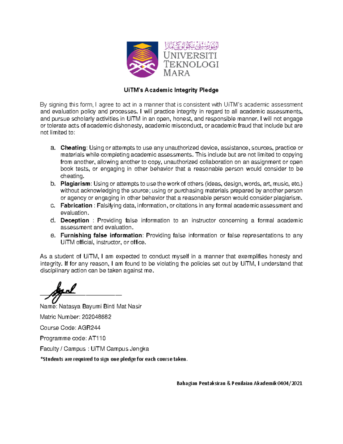 Natasya Bayumi Binti MAT Nasir (AT1104A) - UiTM’s Academic Integrity ...