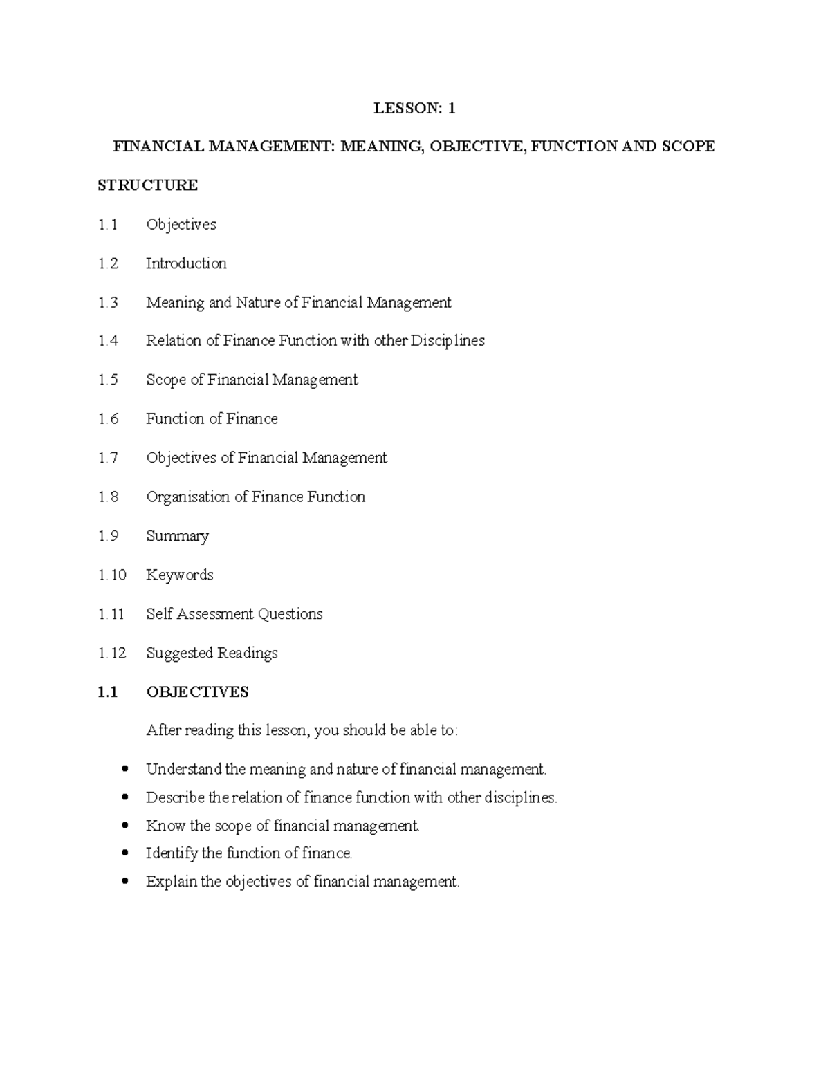 Lesson 1 - Detailed lecture notes - LESSON: 1 FINANCIAL MANAGEMENT ...