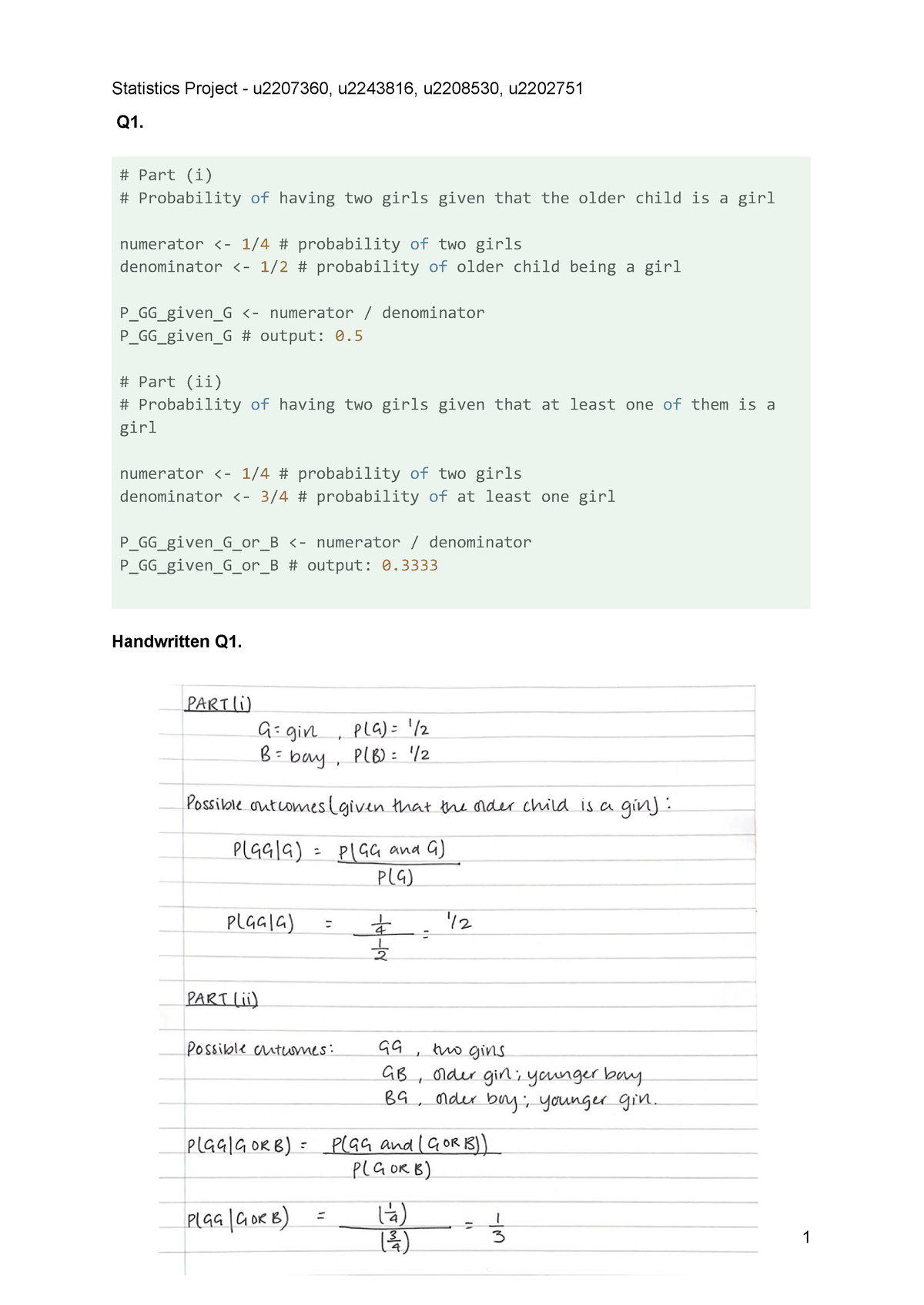 Statistics Project - Lecture Notes - Q1. Part (i) Probability Of Having ...