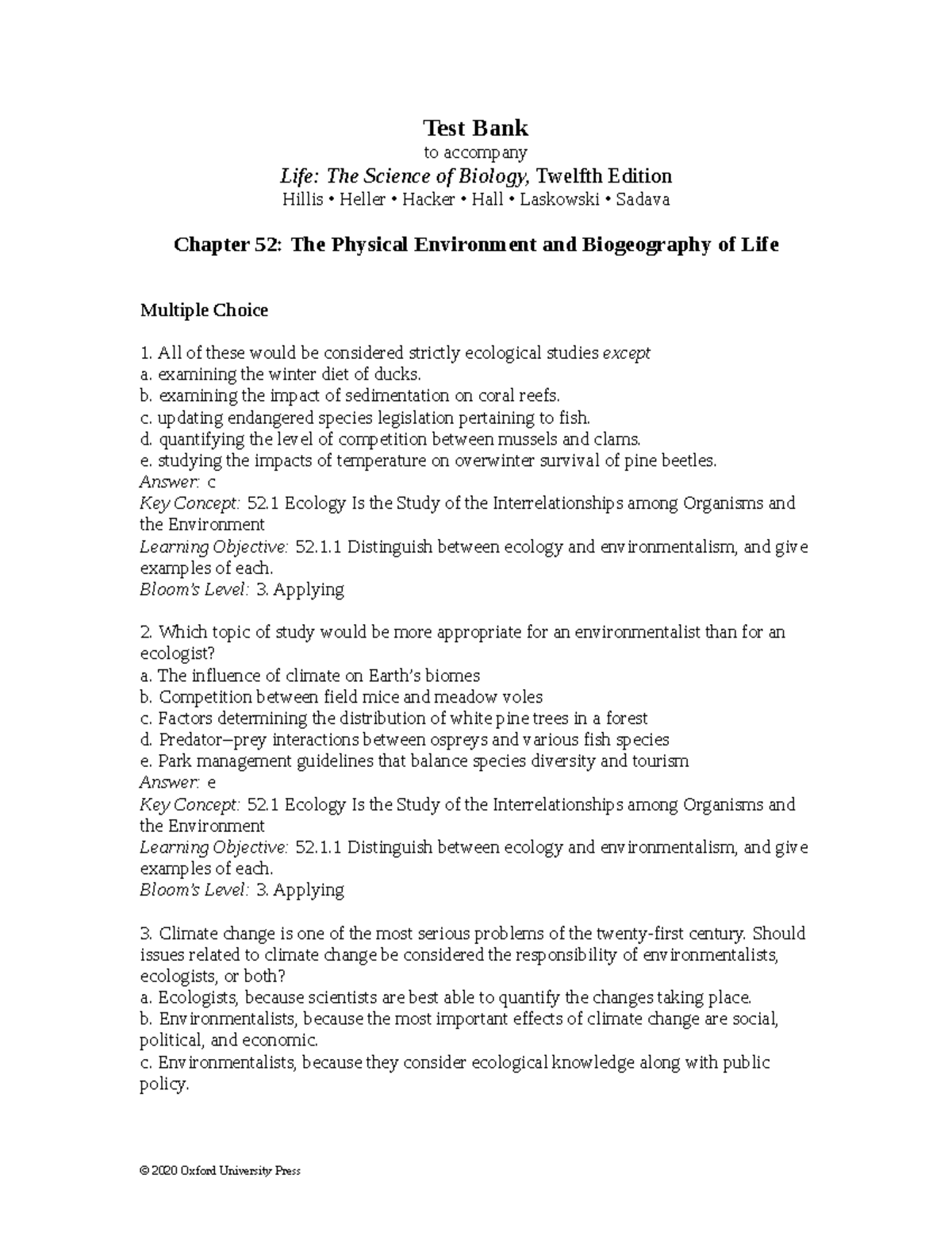 Life12e Ch52 Test Bank - work - Test Bank to accompany Life: The ...