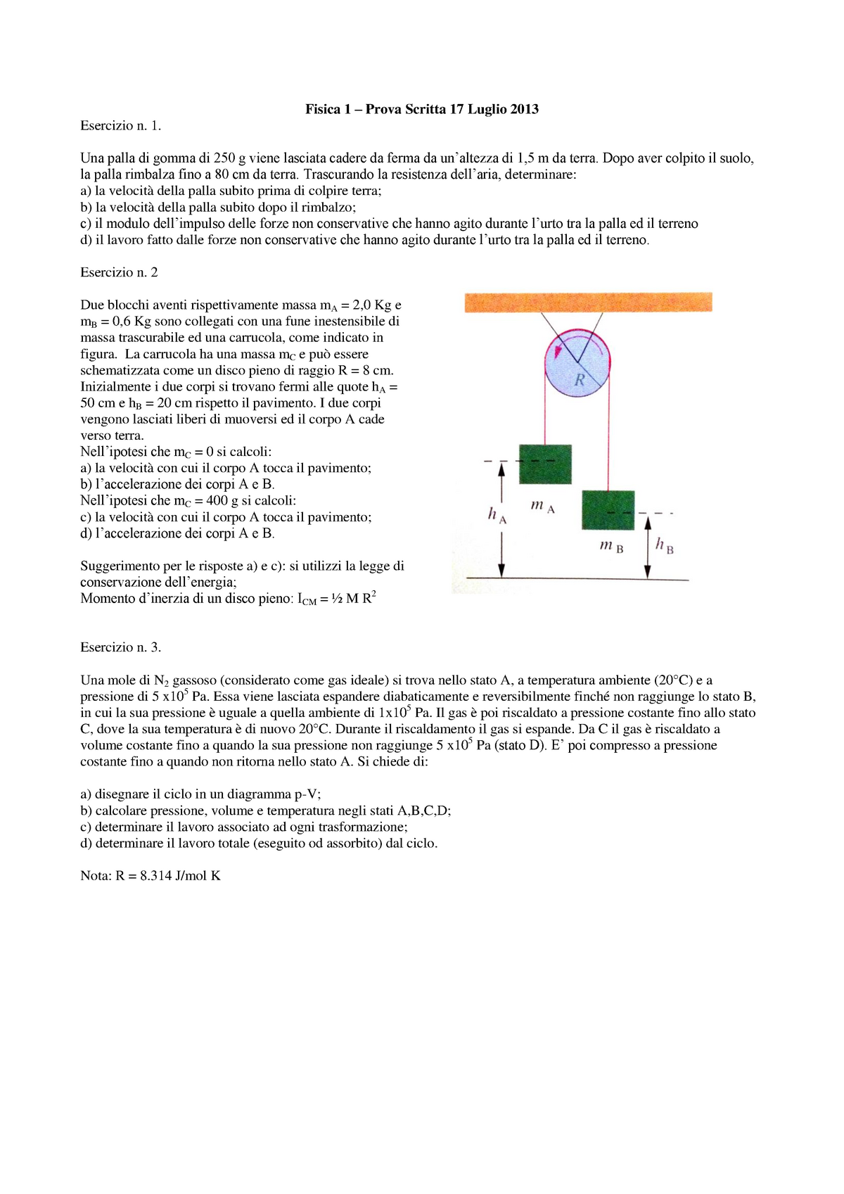 Fisica 1 Luglio 2013 - Esame Con Soluzioni - Fisica 1 – Prova Scritta ...