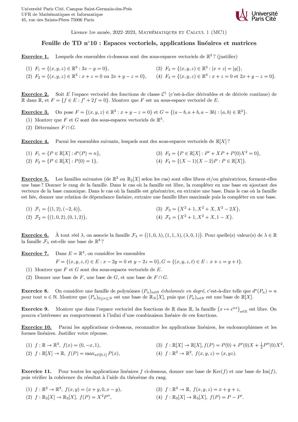 Td10-11 - Sous Espace Vectoriel Et Matrices - Universit ́e Paris Cit ́e ...