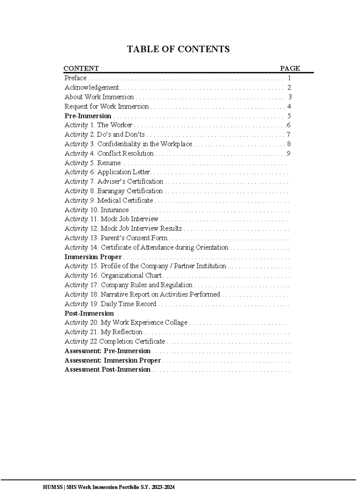 Immersion portfolio template - TABLE OF CONTENTS CONTENT PAGE - Studocu