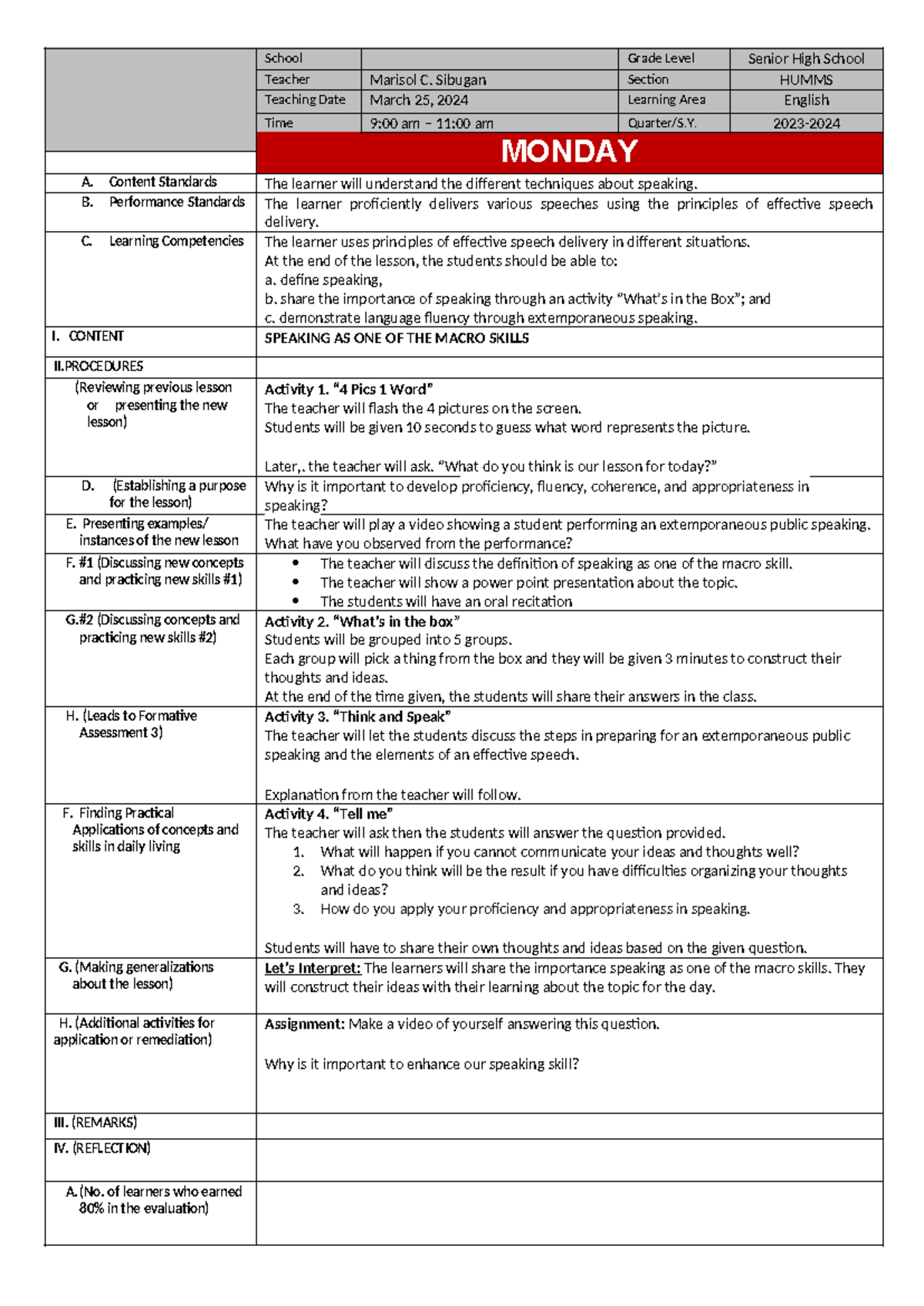 Daily Lesson Log (monday) - School Grade Level Senior High School ...