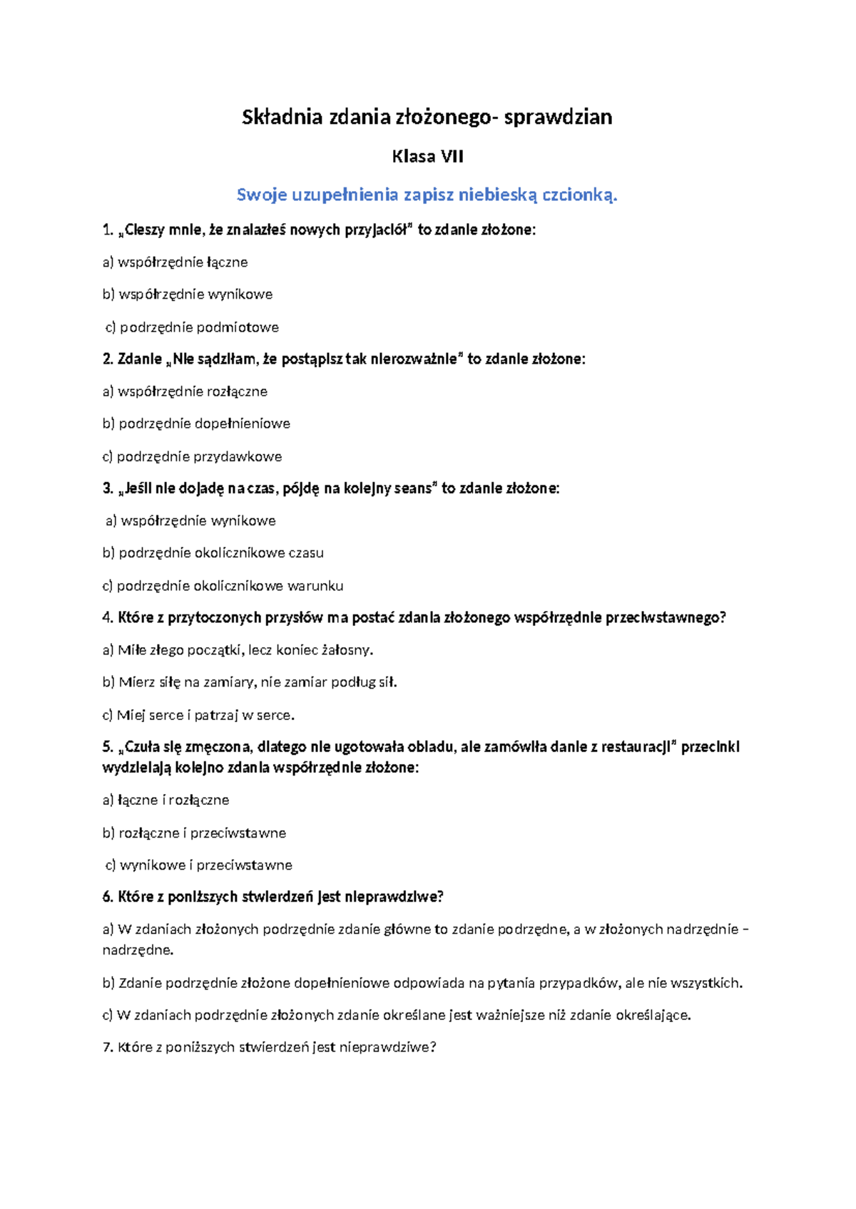 Zdanie Pojedyncze Sprawdzian Klasa 7