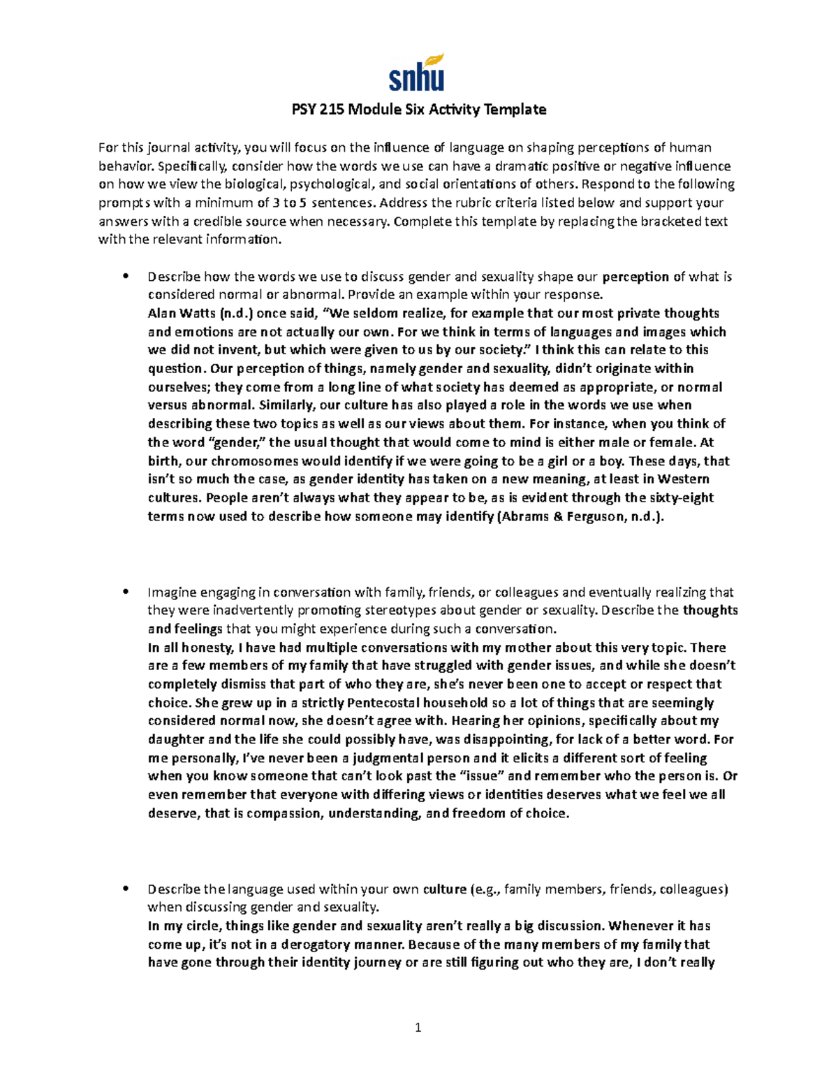 PSY 215 Module Six Activity Template - Psy-215 - SNHU - Studocu