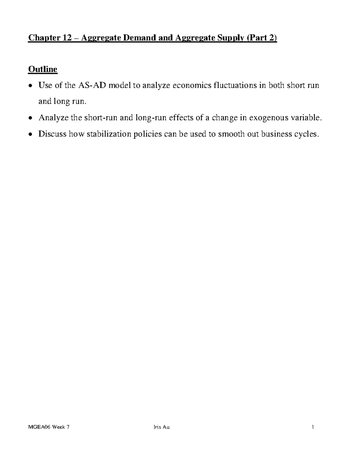 Week 7 - AS-AD Model (Part 2) - Chapter 12 – Aggregate Demand and ...