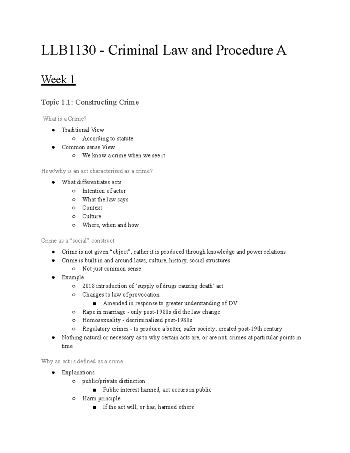 Lecture Notes - All Weeks Content - LLB1130 - Criminal Law And ...