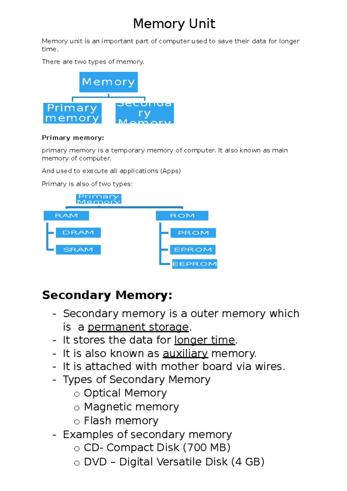 Memory Unit - Memory Unit Memory unit is an important part of computer ...