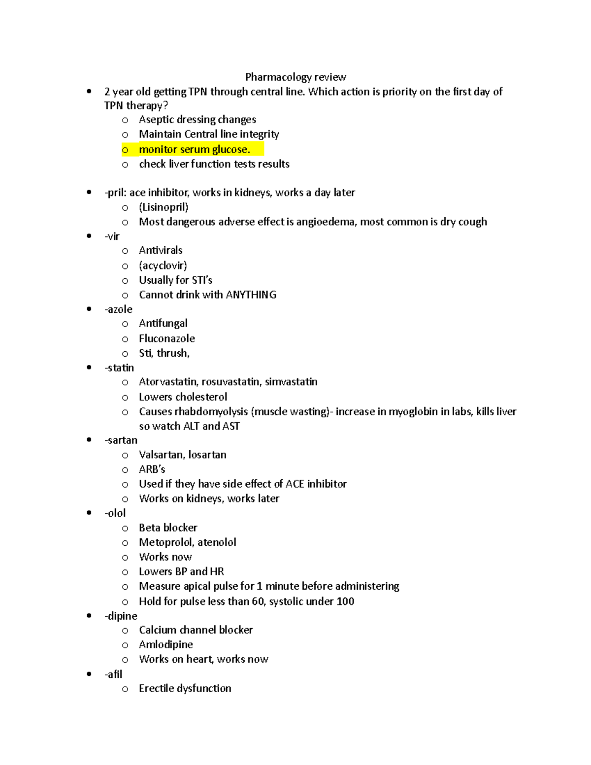 Pharmacology review - Note - Pharmacology review 2 year old getting TPN ...
