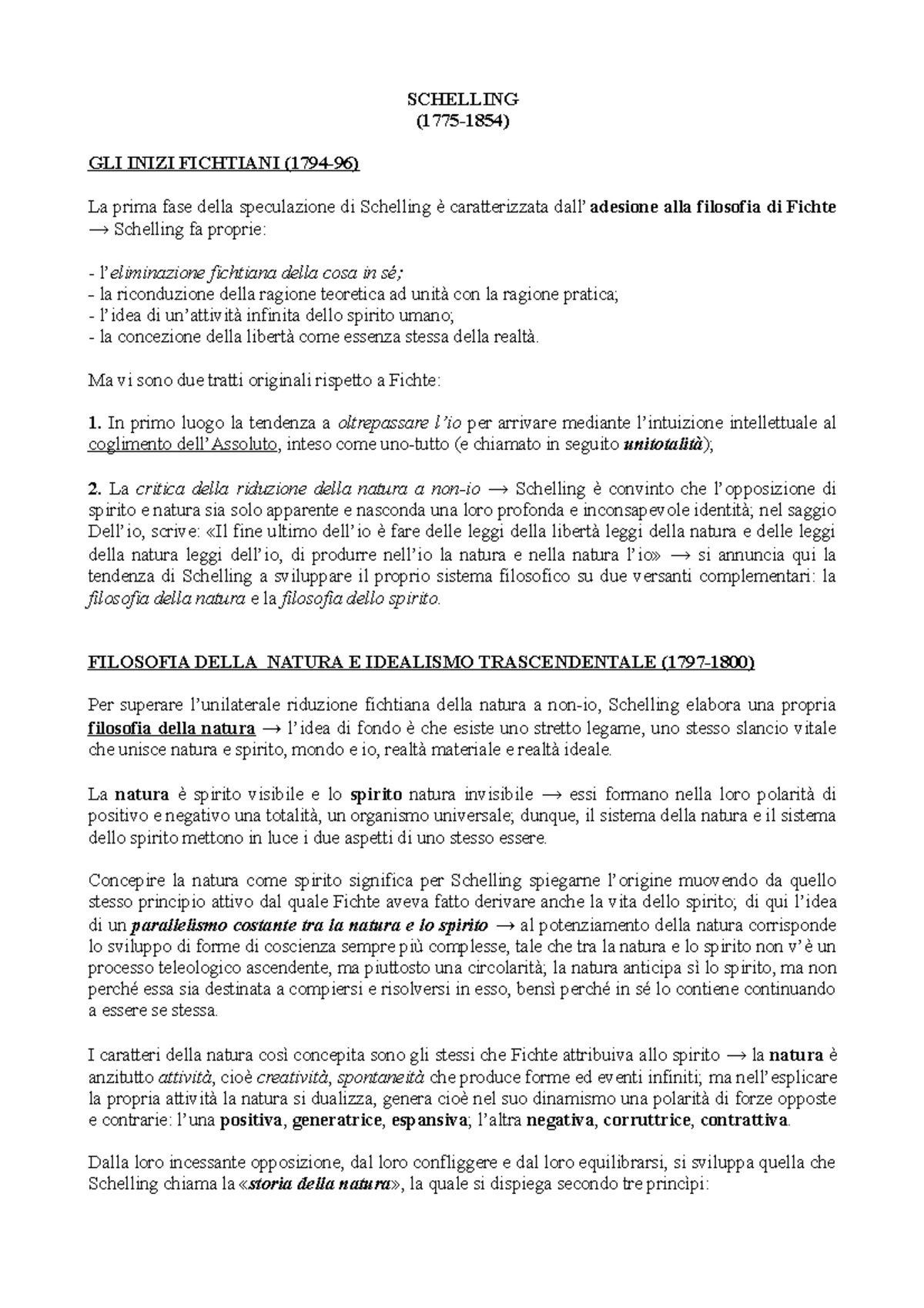 Riassunto del pensiero filosofico di Friedrich Schelling - SCHELLING  (1775-1854) GLI INIZI FICHTIANI - Studocu