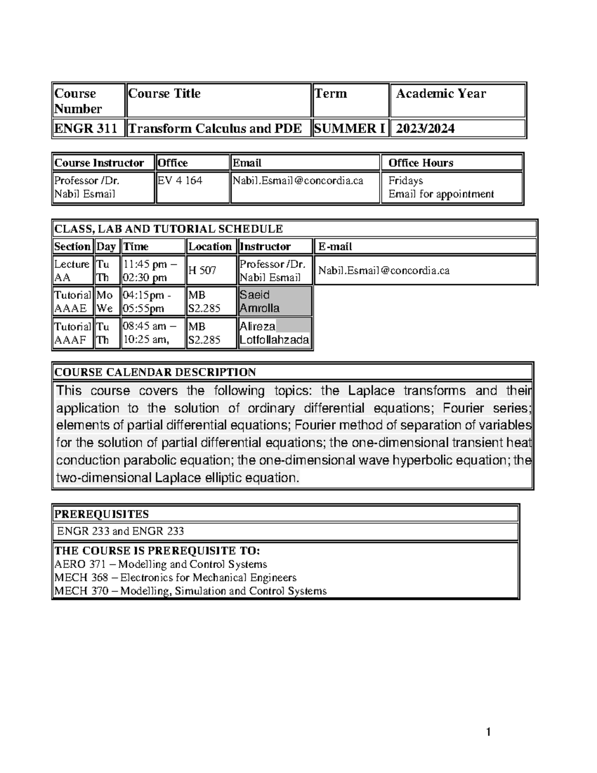 ENGR 311 1 AA 2023 Outline - Course Number Course Title Term Academic ...