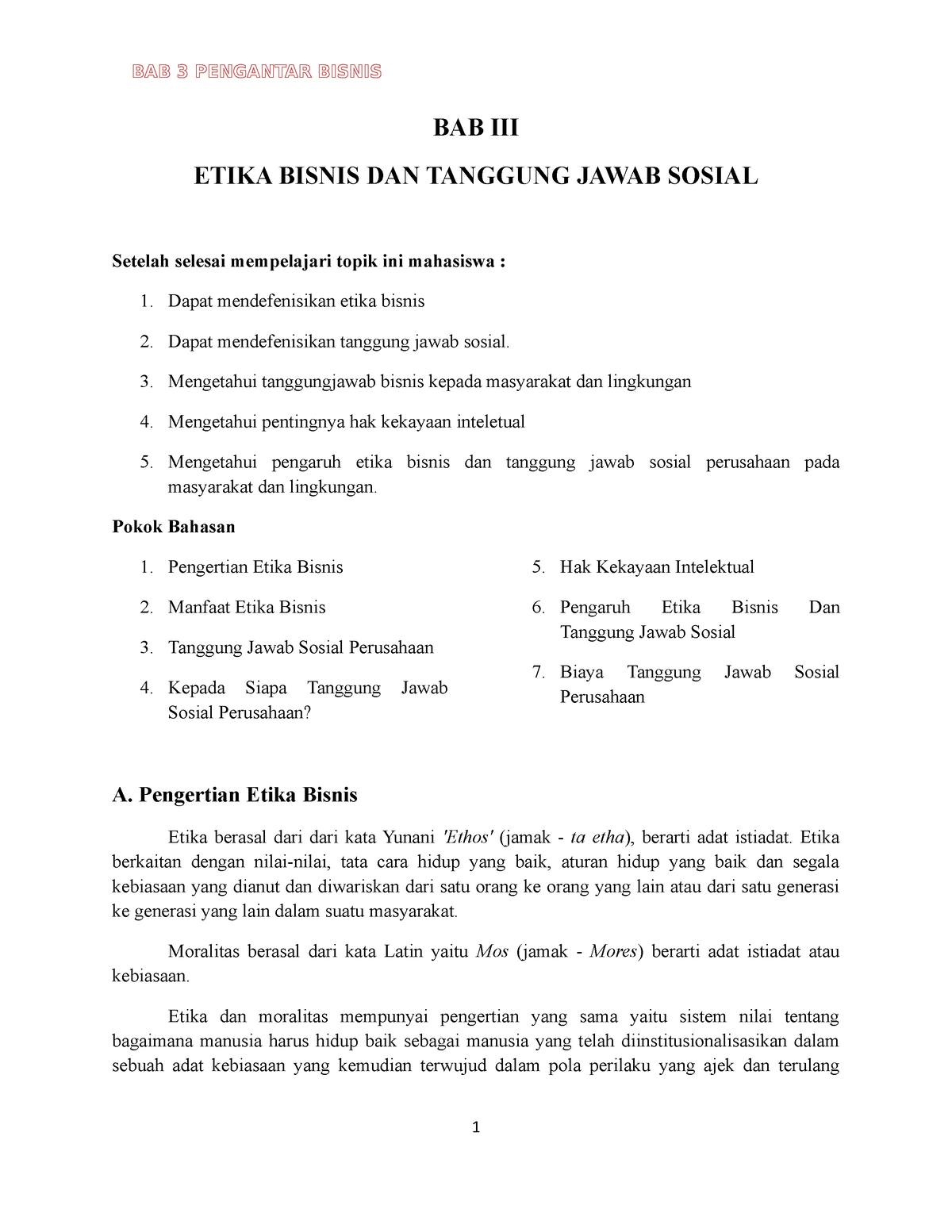 Bab 3 Pengantar Bisnis-1 - BAB III ETIKA BISNIS DAN TANGGUNG JAWAB ...