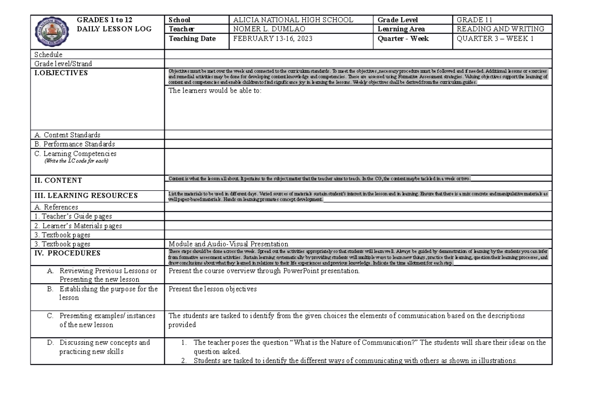 DLP IN Reading AND Writing GRADES 1 to 12 DAILY LESSON LOG School