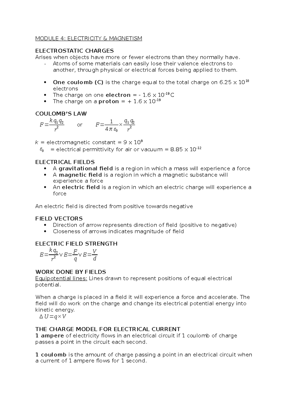 Module 4 – PHYS Notes - MODULE 4: ELECTRICITY & MAGNETISM ELECTROSTATIC ...