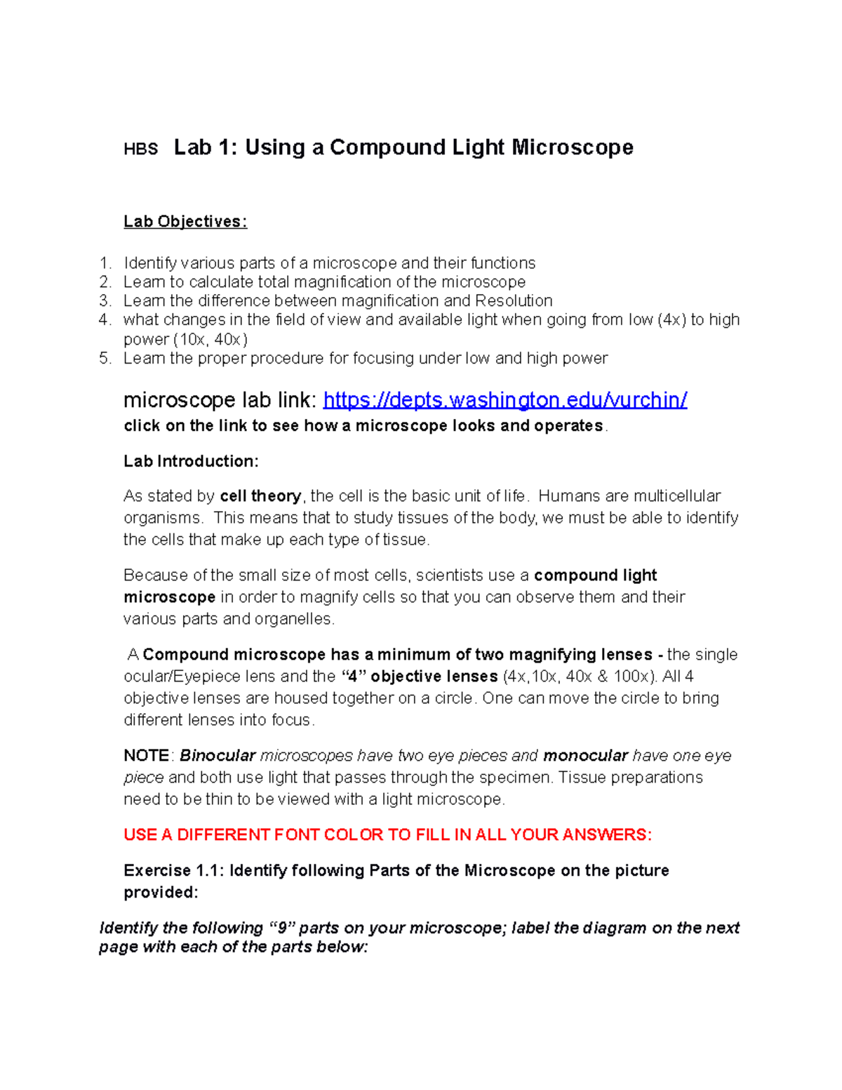 Lab 1 Compound Miscroscope HBS Lab 1 Using a Compound Light