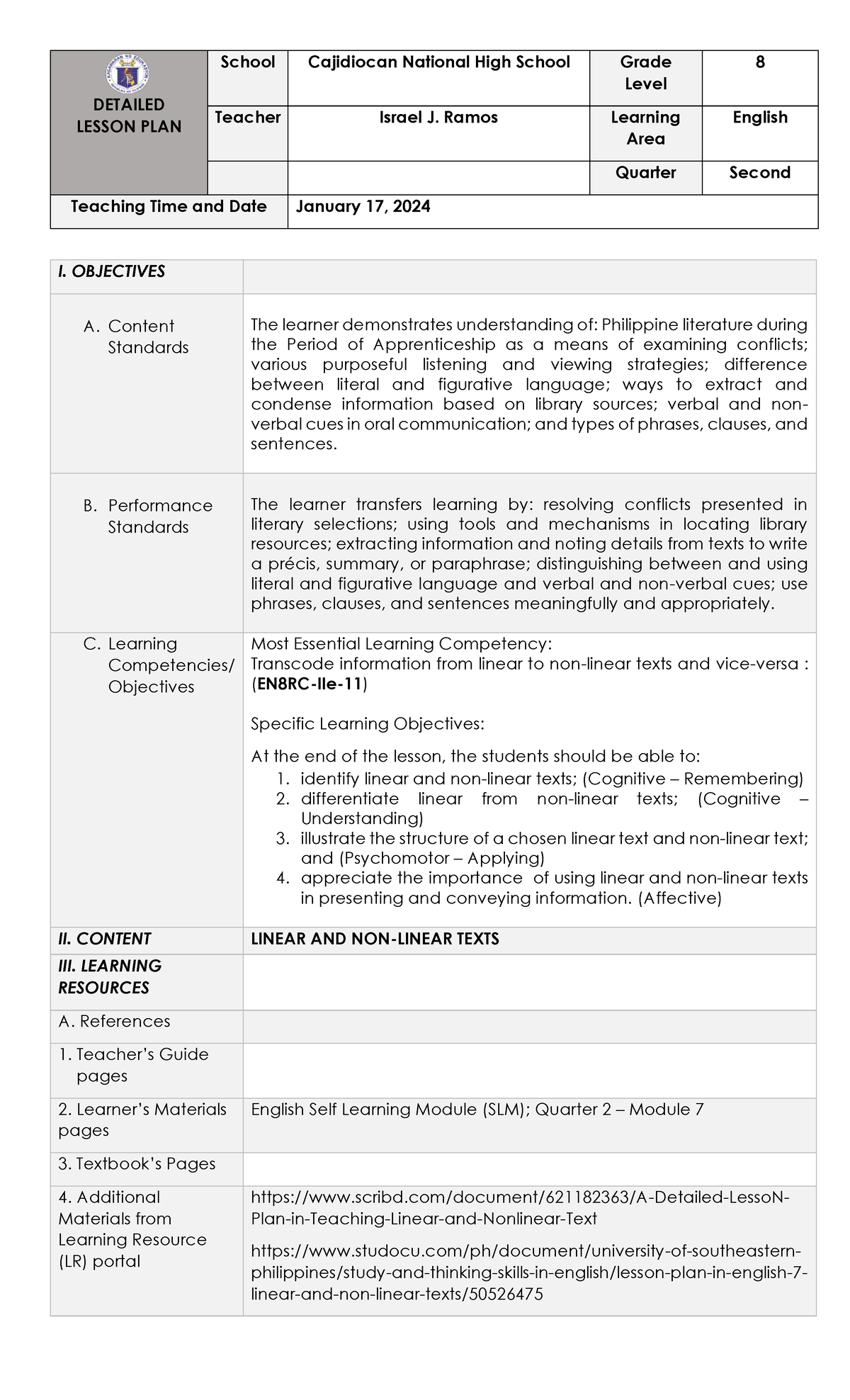 Sample Detailed Lesson Plan - DETAILED LESSON PLAN School Cajidiocan ...