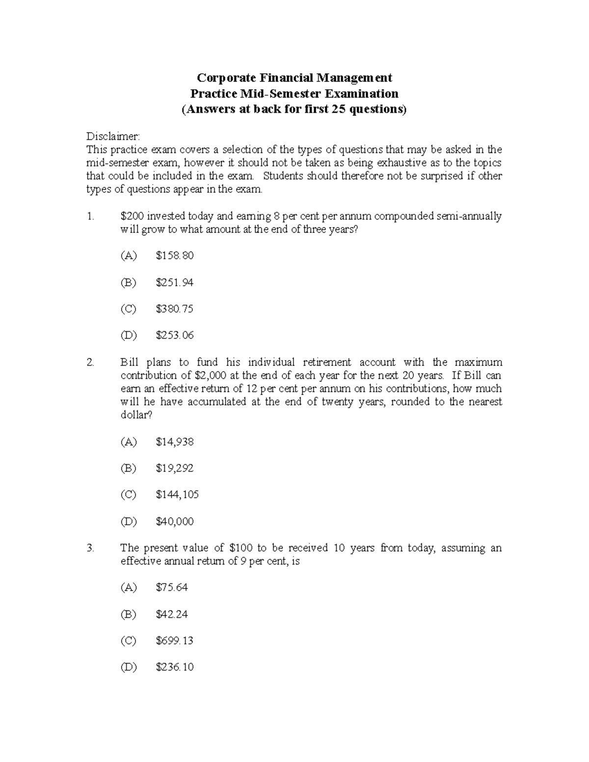 Mid Exam 2014, questions and answers - Corporate Financial Management ...