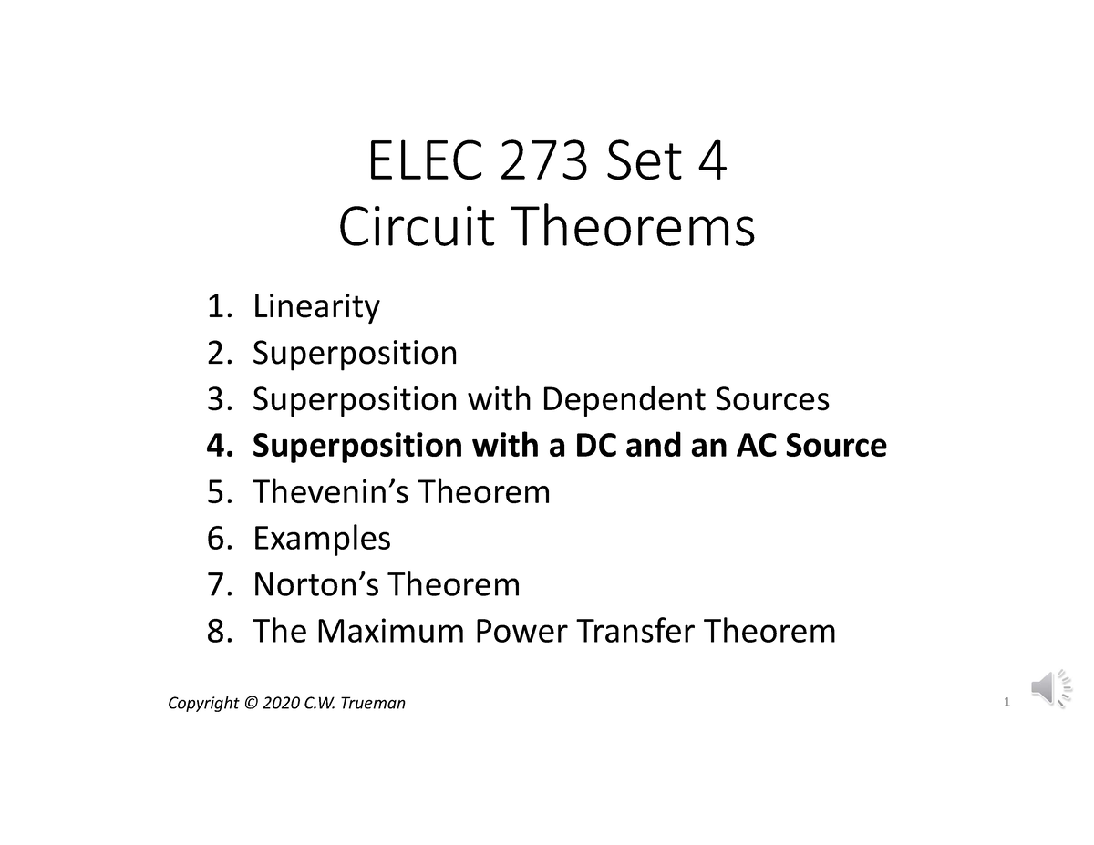 4 4 DC and AC Example - notes - ELEC 273 Set 4 Circuit Theorems 1 ...