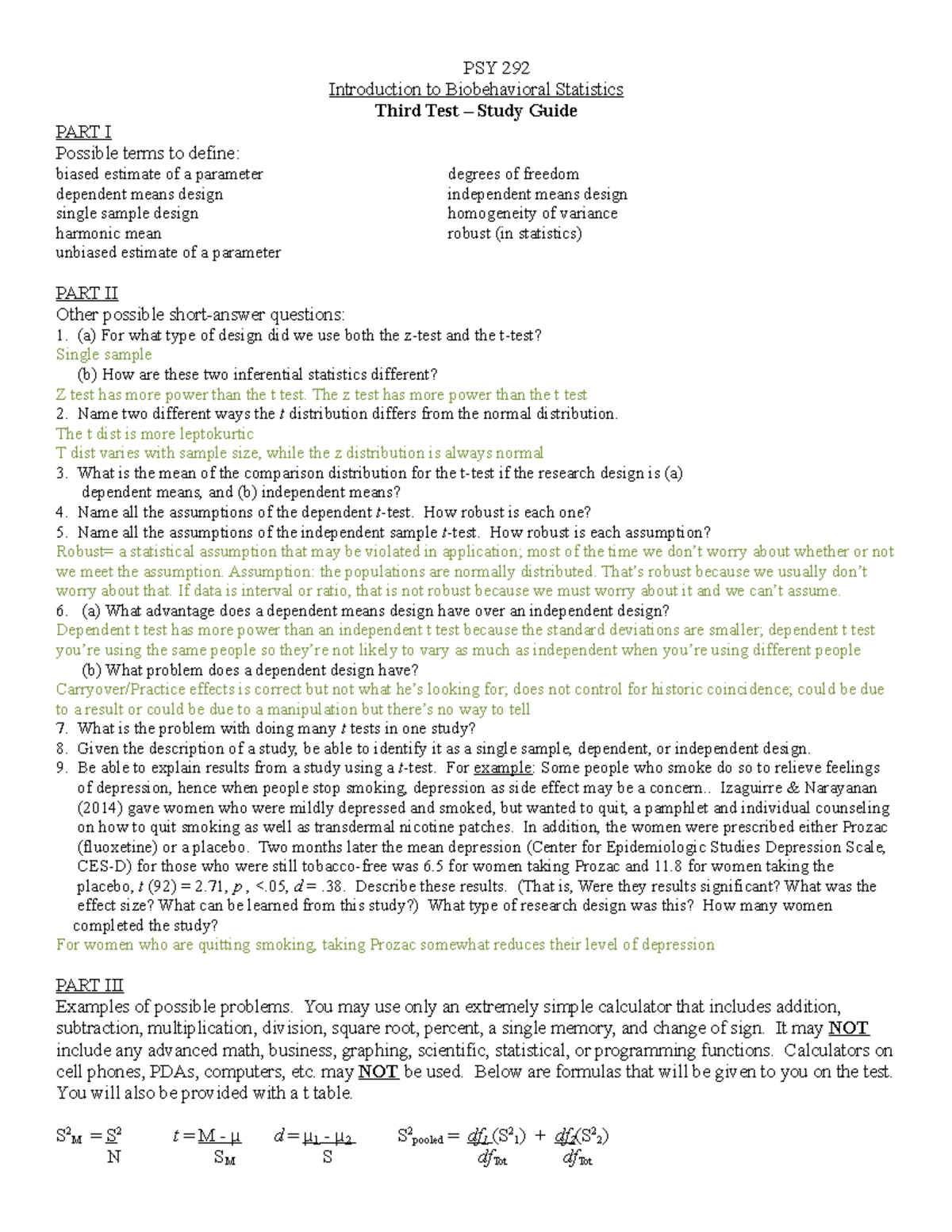 Test 3 study guide - PSY 292 Introduction to Biobehavioral Statistics ...