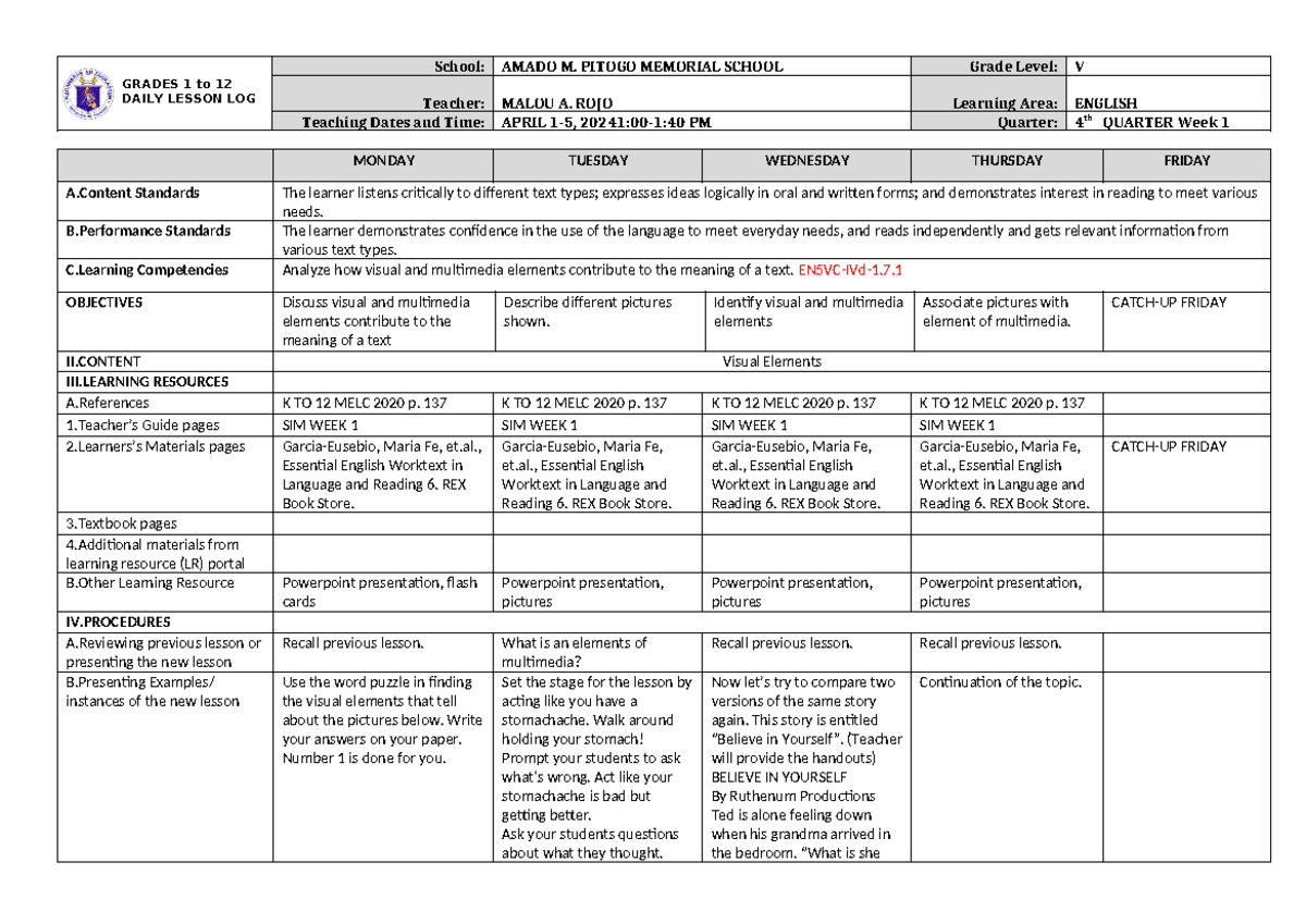 English 5 DLL WEEK 1 Q4 - daily lesson log - GRADES 1 to 12 DAILY ...