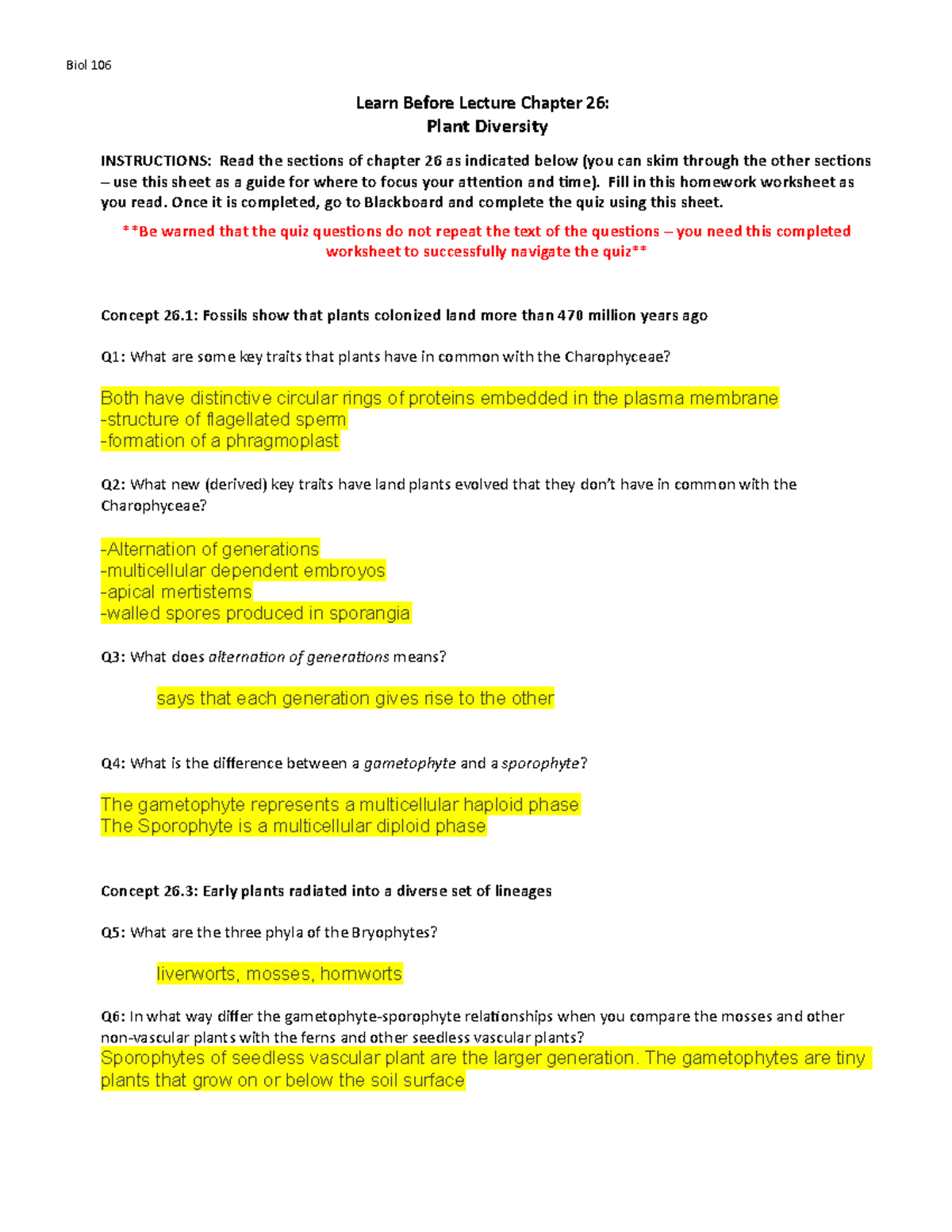 LBL8 Homework - Plant Diversity Chapter 26 - Biol 106 Learn Before ...